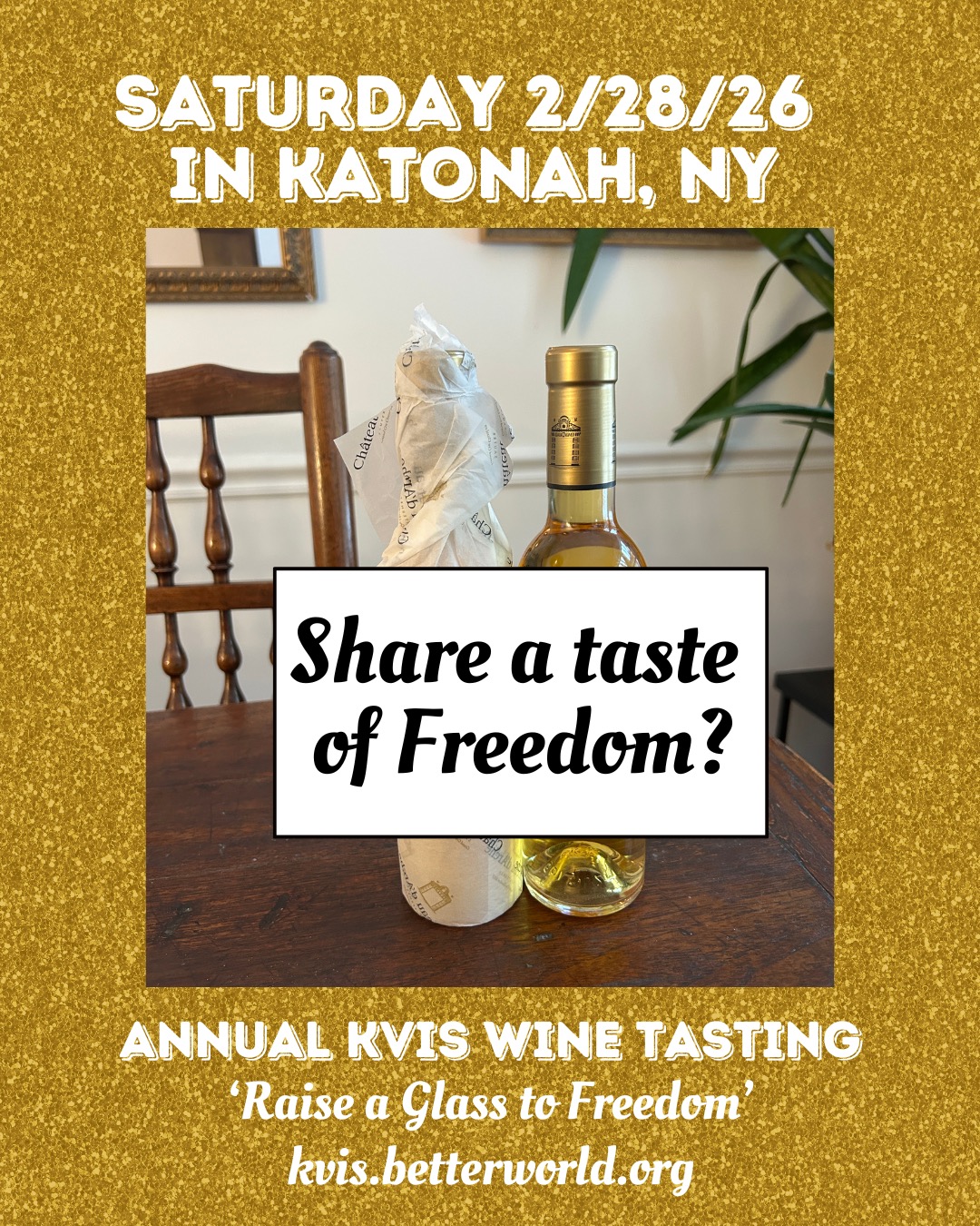What does Freedom taste like? This golden nectar was imported by @vosselections, the lead plaintiff in the recent Supreme Court decision on tariffs. We have enough to share with everyone at this Saturday's annual @kvis_katonah Wine Tasting, as we "raise a glass to freedom." The evening at @katonah_library will feature a spectrum of wines, plus beer and cider; catered sweet and savory spreads; live music; and even Colonial-inspired zero-alcohol beverages. I Always a tremendous community event.