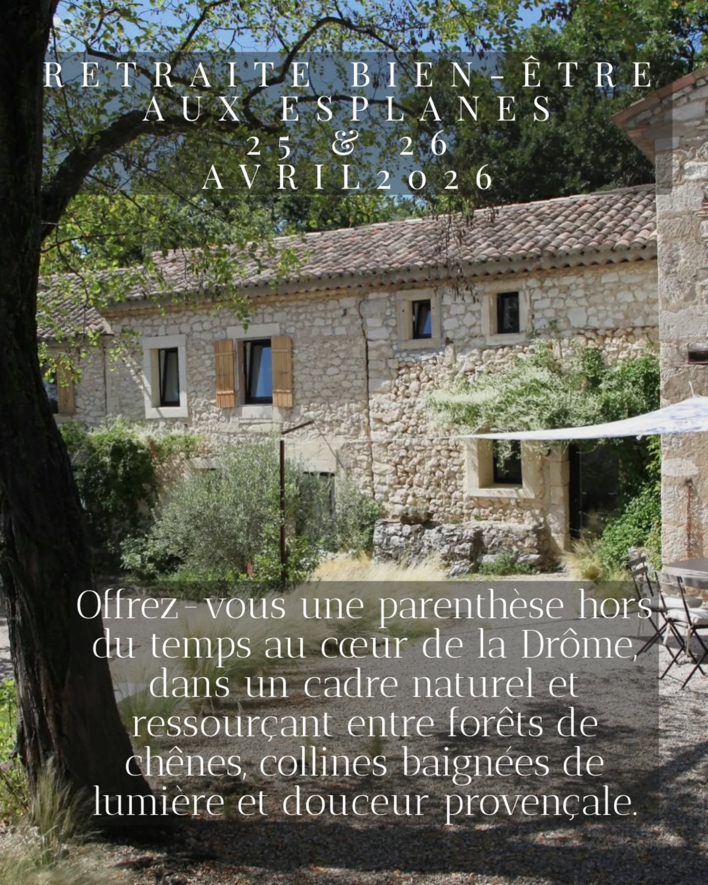 Week-end Bien-Être en Drôme Provençale
Offrez-vous une parenthèse hors du temps au Gîte des Esplanes
Au programme :
- Initiation au Qi Gong
- Massage énergétique personnalisé
- Repas sains et locaux
- Détente au bord de la piscine
- Immersion en pleine nature.
Un week-end pour ralentir, respirer et vous reconnecter à l’essentiel
Places limitées à 10 personnes
Minimum 5 personnes
🗓️ 25 & 26 Avril 2026
📍 @les_esplanes_chambres_dhotes
Infos & réservations en message privé.
https://www.aucreuxdessens.fr/services-1
#RetraiteBienÊtre #QiGong #MassageÉnergétique #DrômeProvençale
