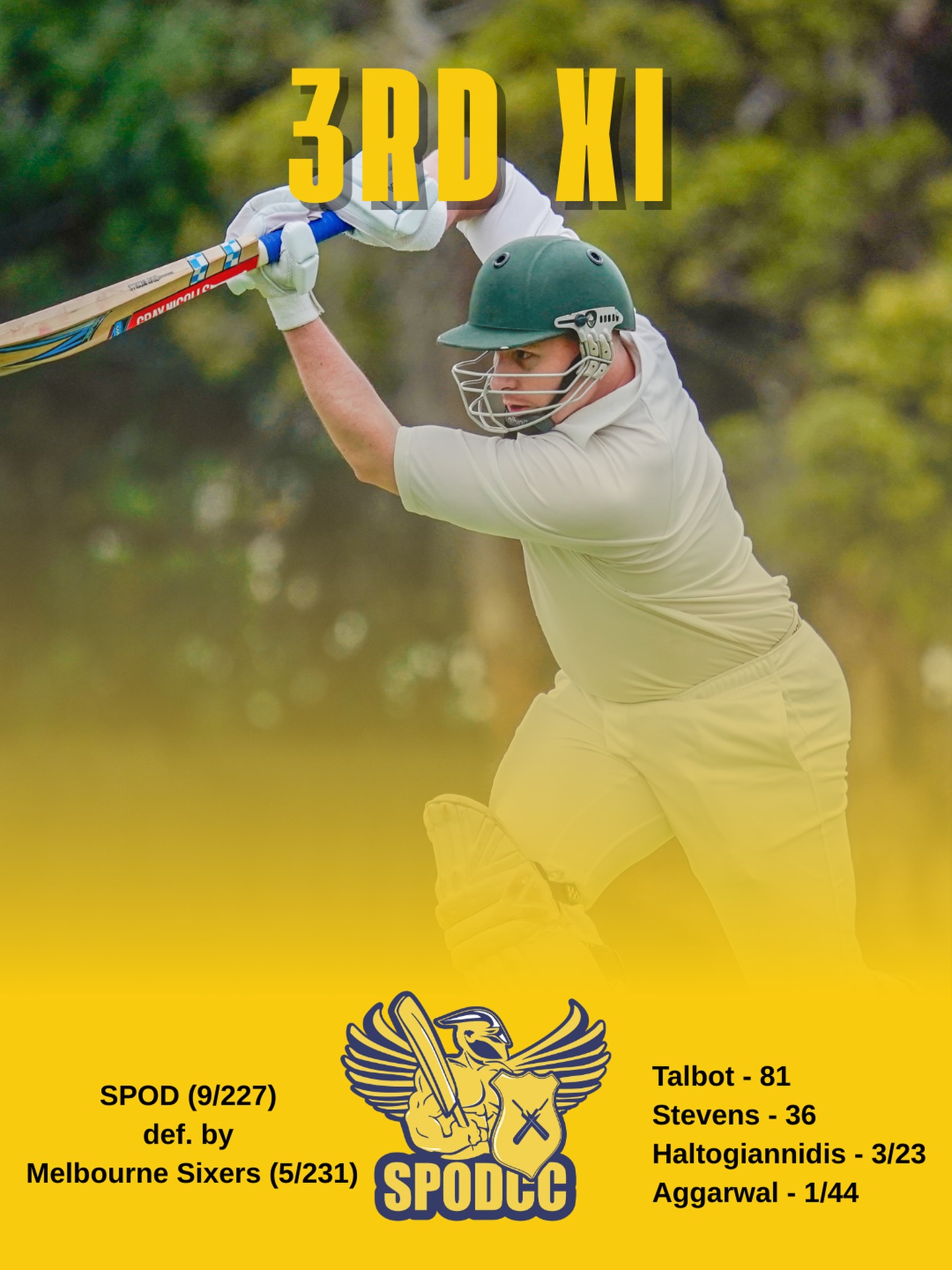 SEMI FINAL RESULTS - 3rd XI
Sadly, the 3s finals campaign comes to an end at the spiritual home of cricket. Melbourne’s batting lineup was just too much despite the SPODs posting an impressive 227.
Captain Trevor led the way with a blistering 81, and George cementing himself as an all-rounder with three wickets