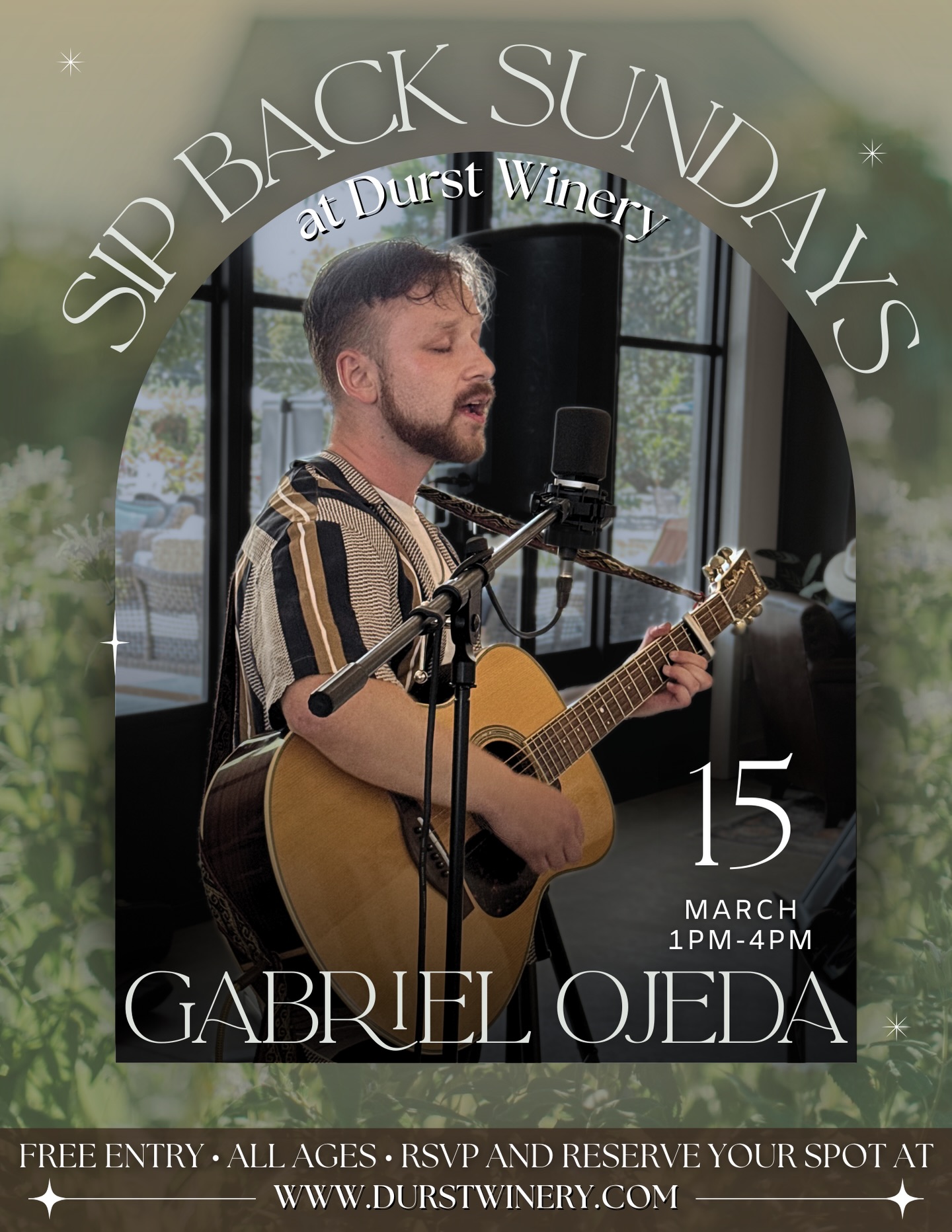 Join us this weekend for an afternoon on the estate with live music by Gabriel Ojeda from 1–4pm.
We’ll also be serving up our wood-fired pizzas all afternoon, fresh from the oven and perfectly paired with your favorite Durst wines.
Gather your friends, grab a glass, and spend your Sunday enjoying the music, the food, and the beauty of the estate.
Please note: no outside food is allowed as our kitchen will be open.
#DurstWinery #SipBackSunday #StPatricksWeekend #LodiWineCountry #LiveMusicAndWine