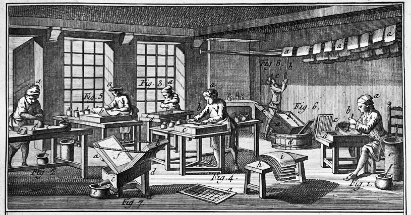 Oh my heart! I’ve just discovered this engraving of an 18th Century marbling workshop and my heart skipped a beat, isn’t it lovely. The details! If you want to try and name some of the more obscure or unusual looking tools or techniques annotated, please go ahead!
This image is a famous 18th-century copper engraving titled “Marbreur de Papier” (Paper Marbler). It was originally published as Plate I in Volume V of the Encyclopédie by Denis Diderot and Jean le Rond d’Alembert, produced between 1751 and 1772.
The engravings were directed by the engraver Robert Bénard (also known as Jacques Renaud Bénard). The various “Figures” in the scene depict key stages of the process:
Fig. 1 (Right): A worker preparing the “size” (liquid bath), often made from carrageenan or gum tragacanth, mixed with water and ox gall.
Fig. 3 & 4 (Centre): Artisans creating patterns by dripping pigments onto the liquid surface and using tools like combs to manipulate the floating colours.
Fig. 6 & Background (Upper Right): Workers carefully laying sheets of paper onto the liquid to capture the design and then hanging them on lines (“a”) to dry.
Fig. 7 (Lower Left): A specialised slanted trough or press used for rinsing the marbled sheets.
