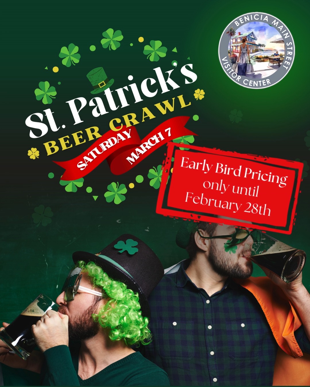 LAST CHANCE! Early Bird Pricing for the Beer Crawl is only through SATURDAY, February 28th! 😃 Then get your green ready 💚 and join us for the 2026 St. Patrick’s Beer Crawl in Downtown Benicia on Saturday, March 7, 2026, from 1:00–5:00 pm! 🎉
Sip your way through up to 15 craft beer tastings as you stroll First Street’s boutiques, galleries & businesses — crisp lagers, unique seasonal ales, and more! Some stops will also be offering tasty snacks along the crawl. 🍻
Dress in your best green, gather your friends, and raise a glass to good times, great beer, and the luck of the Irish. 🍀 Get your tickets at ✨BeniciaMainStreet.org✨
Ticket info:
- Early Bird: $35 (through February 28, 2025, midnight)
- Regular: $40 (starting March 1)
- Online sales close: March 6 at midnight
- Day-of tickets: Available in person at Benicia Main Street (90 First Street), while supplies last
Get your tickets at ✨BeniciaMainStreet.org✨
Benicia Main Street reminds all attendees to drink responsibly and consider a designated driver or rideshare.
#BeniciaMainStreet #DowntownBenicia #StPatricksDay #StPatricksBeerCrawl #BeerCrawl #CraftBeer #SupportLocal #BeniciaEvents #FirstStreetBenicia #DrinkResponsibly #BayAreaEvents #BeerLovers #StPatricks2026 #ShopSmall #ExploreBenicia✨