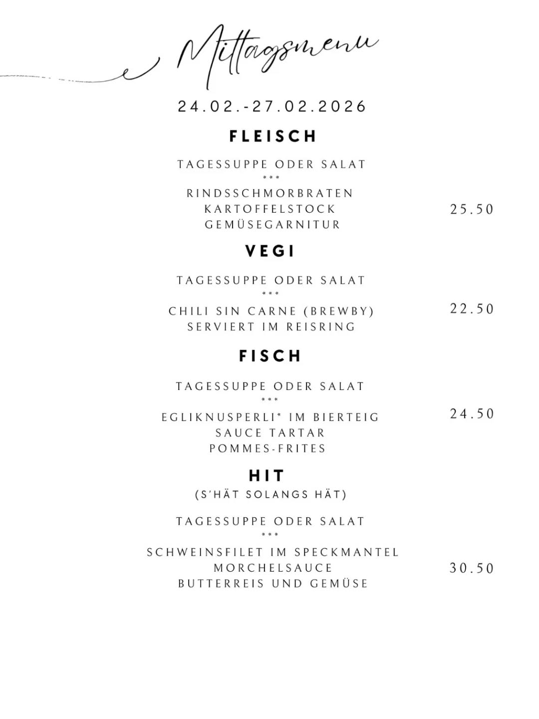 Neue Woche - neue Menüs! Kommt vorbei für einen feinen z'Mittag
#schmorgericht #filetstück #mittagsmenü