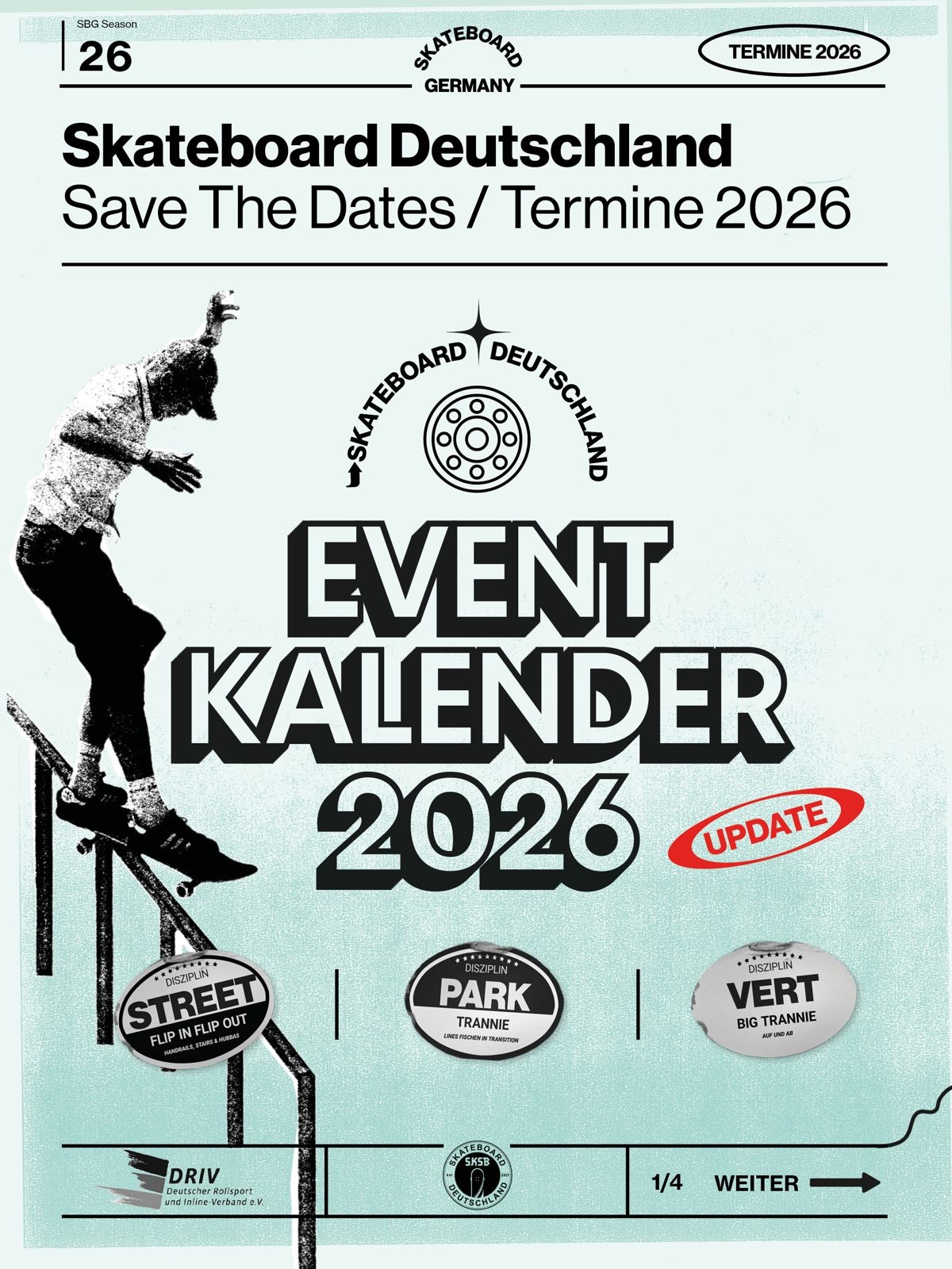 ❗️Update❗️
🛹 Skateboard Event-Kalender Deutschland 2026 🛹
Bitte beachtet dass einige Termine noch TBC (to be confirmed) sind. Updates folgen laufend.
Markier dir deine Favoriten und plane deine Trips!
#skateboarddeutschland #skateboardgermany