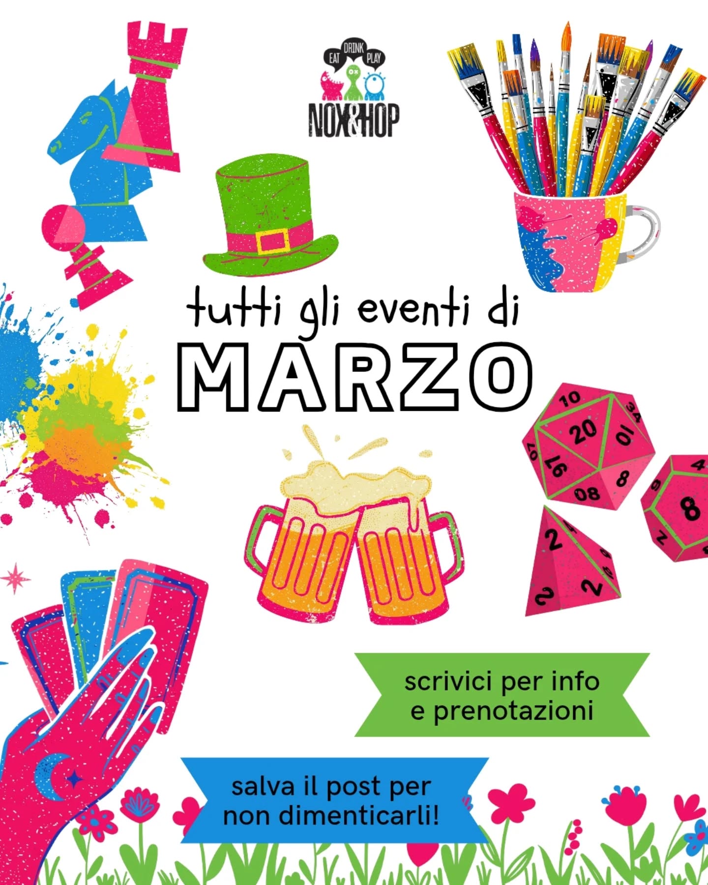 Tutti gli eventi di marzo al Nox&Hop 👇🏻👇🏻
♟️ gio 5 e gio 26 ~ SERATA SCACCHI a cura di ASD Scacchi Empoli • ore 21:30
🎨 dom 8 ~ AperiDipingendo 🍹 un aperitivo artistico con tele e colori • ore 19
💚 da ven 13 a mar 17 🍻 festeggiamo San Patrizio ☘️ con sconti, gadget e dolcetti a tema
🔮 dom 22 ~ SERATA TAROCCHI • edizione speciale per celebrare l'equinozio di primavera 🌷
🎲 dom 29 ~ GdR night sessioni di gioco di ruolo one shot • ore 21
In più 🍔 burger e dolci del mese 🎲 tantissimi giochi da tavolo sempre a disposizione 🍺 birra artigianale e drink originali
🛟 Salva il post
Ci vediamo al Nox, gente!
📍Viale Ivo Montagni 190 Limite sull'Arno (5 minuti da Empoli; 30 min da Firenze)