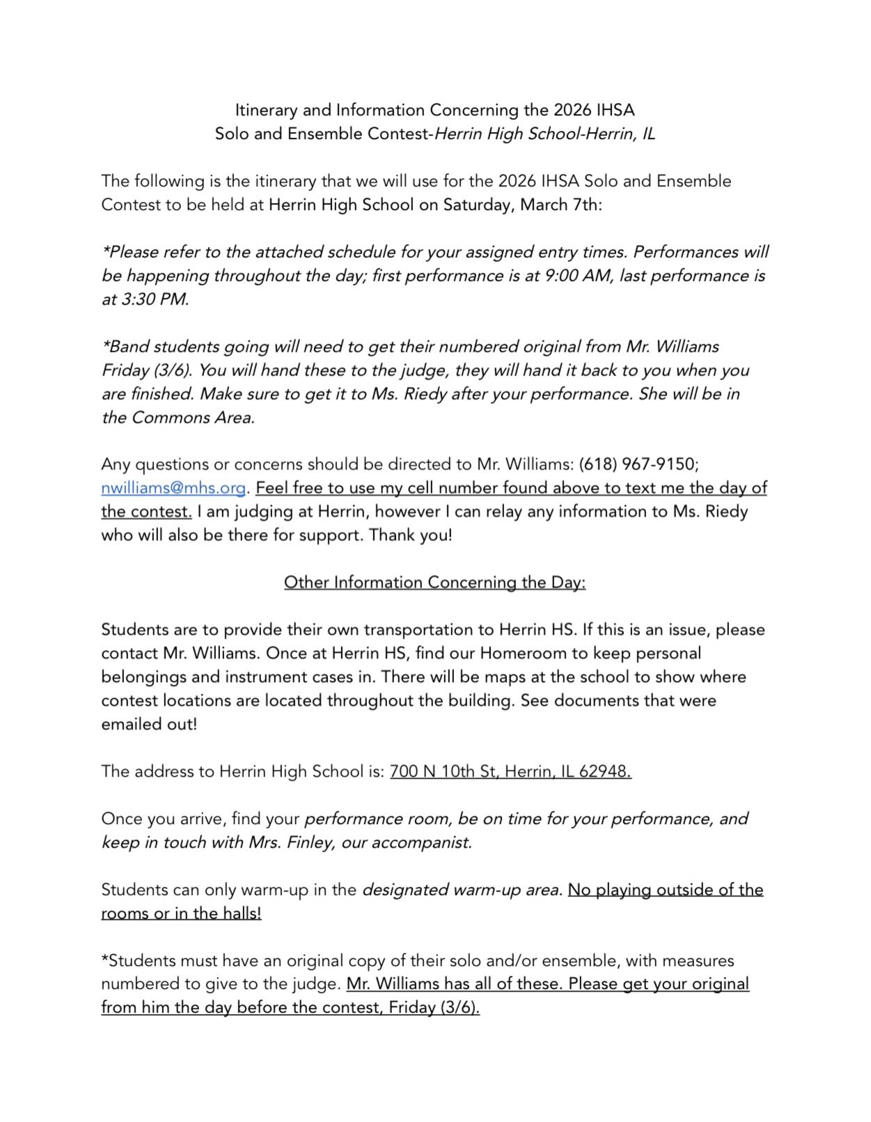 The 2026 IHSA Solo and Ensemble Contest will be held at Herrin High School on Saturday, March 7th. Here are the final contest documents sent out today. Thank you Herrin High School Music Department for hosting!