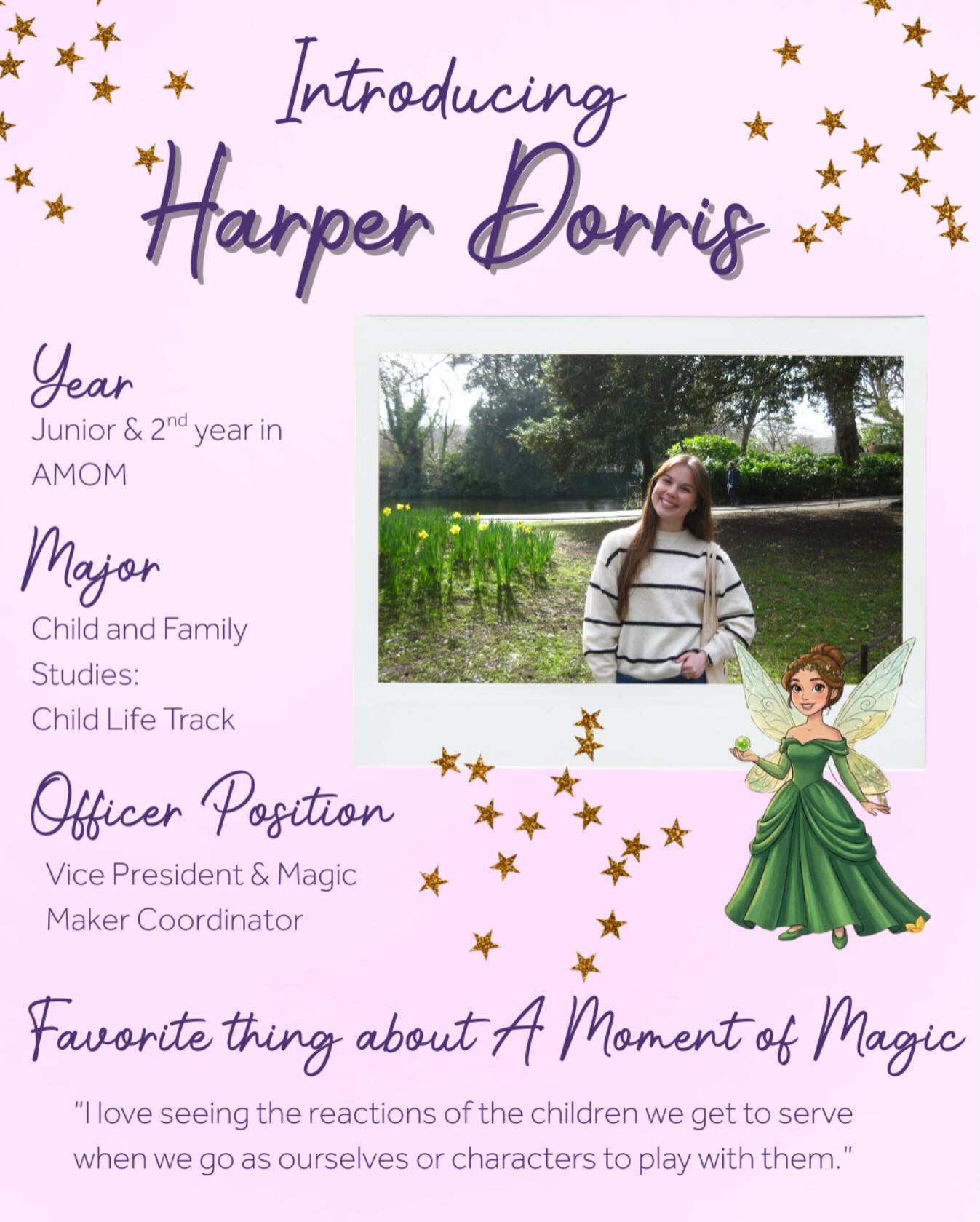 It’s time to introduce our exec team members!
Meet Harper Dorris, she is a junior, who is majoring in Child and Family Studies. This is her 2nd year serving in AMOM! We are so thankful for everything she does for this chapter! 💜