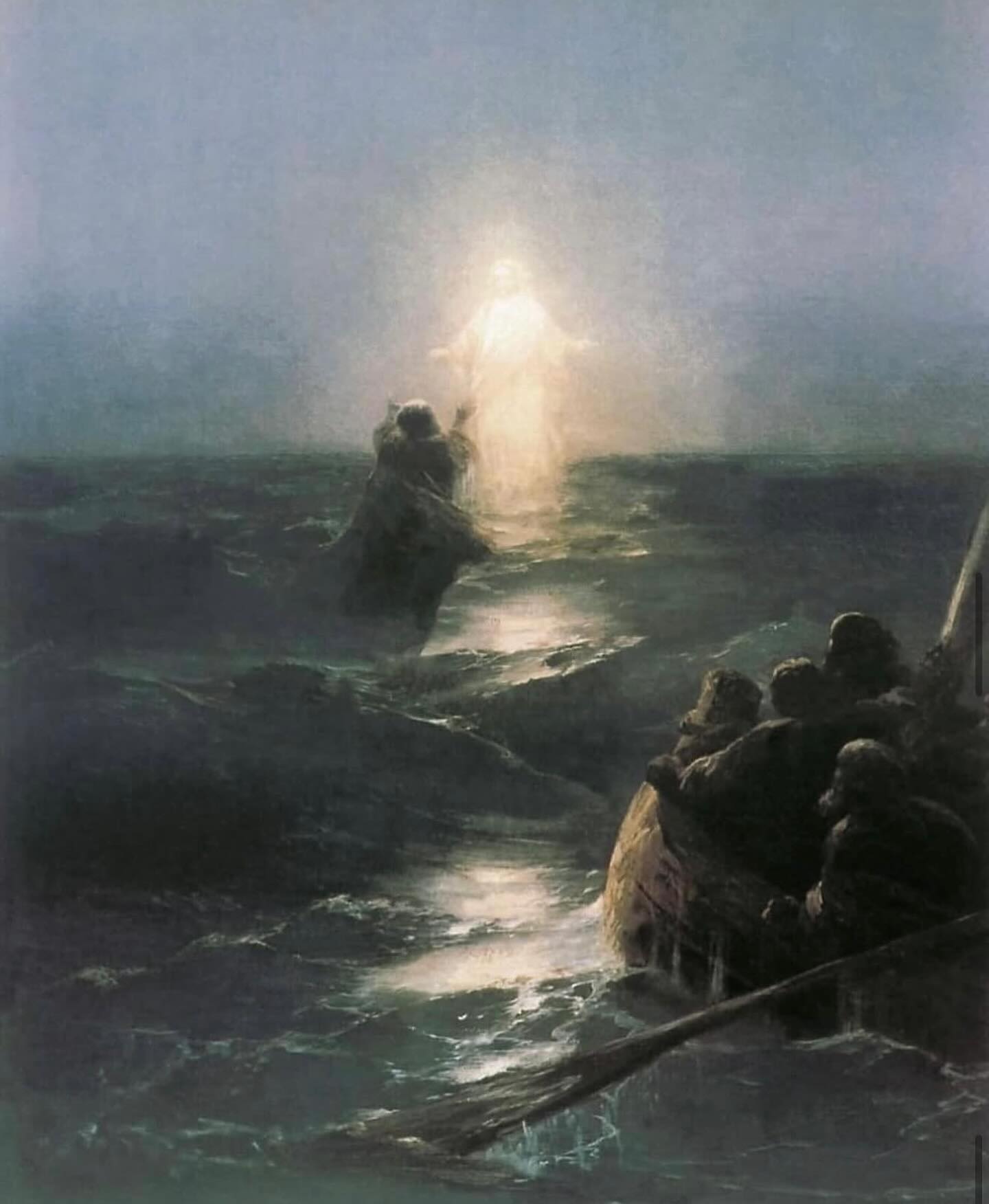 Lecture de l’Évangile pour le onzième dimanche d’hiver
Un soir, Ieshu, fatigué des foules qui ne lui laissaient même pas le temps de manger, dit à ses disciples : « Allons nous reposer un peu dans un endroit désert. Ils montèrent dans une barque et partirent. Beaucoup les virent partir, d’autres savaient qu’ils partaient, ils coururent et arrivèrent avant eux. Ieshu sortit de la barque et vit la foule devant lui. Aussitôt, il fit remonter ses disciples dans la barque pour qu’ils le précèdent dans la traversée du lac jusqu’à Bethsaïda, tandis qu’il renvoyait les gens. Après les avoir renvoyés, il monta sur la montagne pour prier. À la nuit tombée, la barque était au milieu de l’eau, et il était seul sur la terre ferme. Les disciples s’efforçaient de ramer, car le vent soufflait contre eux. À la quatrième veille de la nuit, il vint à eux en marchant sur l’eau, et ils voulurent le précéder. Mais quand ils le virent marcher sur l’eau, ils crurent que c’était un fantôme, et ils poussèrent des cris de frayeur. Car ils le voyaient tous, et ils étaient troublés. Mais aussitôt il leur parla et leur dit : « Ne vous inquiétez pas : « Ne vous inquiétez pas, c’est moi, n’ayez pas peur. Il monta dans la barque avec eux, le vent cessa et leur étonnement augmenta. Ils débarquèrent bientôt et descendirent à terre. Le lendemain, les gens qui avaient vu partir les disciples reconnurent Ieshu parmi eux, sur l’autre rive du lac, et lui dirent Maître, quand es-tu arrivé ici ?
Image : « Marche sur l’eau » par Ivan Aivazovsky, 1888.
#eglisegnostiqueapostolique #eglisegnostique