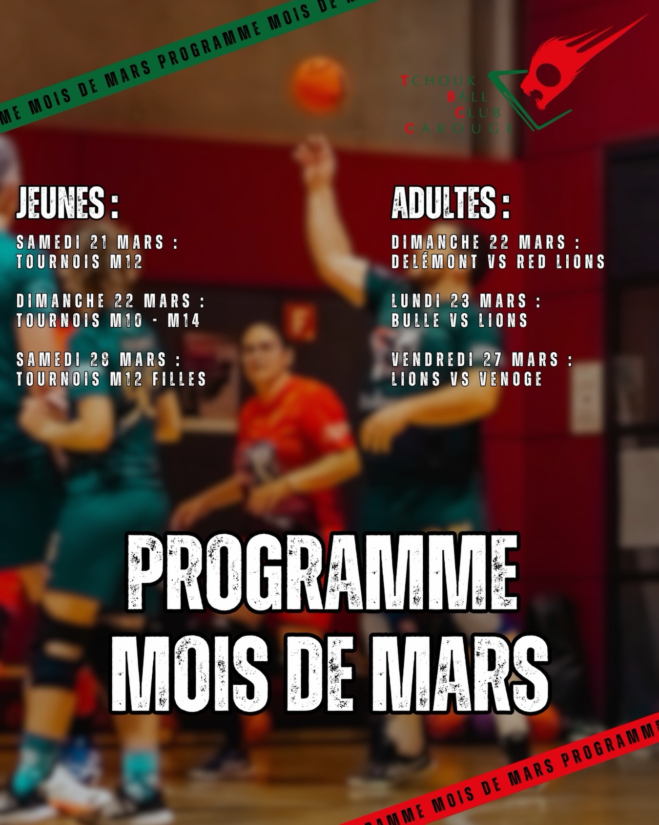 La suite de la saison est là, pleins d’événements en ce mois de mars🤾
Voici le programme du tchoukball club carouge :
On vous attend nombreux sur place ou en commentaire pour soutenir nos équipes.
Jeunes :
Tournois M8 - M12
📅 Date : samedi 21 mars
Tournois M10 - M14
📅 Date : dimanche 22 mars
Tournois M12 féminin
📅 Date : samedi 28 mars
Adultes :
Delémont vs Red Lions
📅 Date : dimanche 22 mars
Bulle vs Lions
📅 Date : lundi 23 mars
lions vs venoge
📅 Date : vendredi 27 mars
Rugissez au rythme du tchoukball ! 🏐
Allez Carouge 🦁