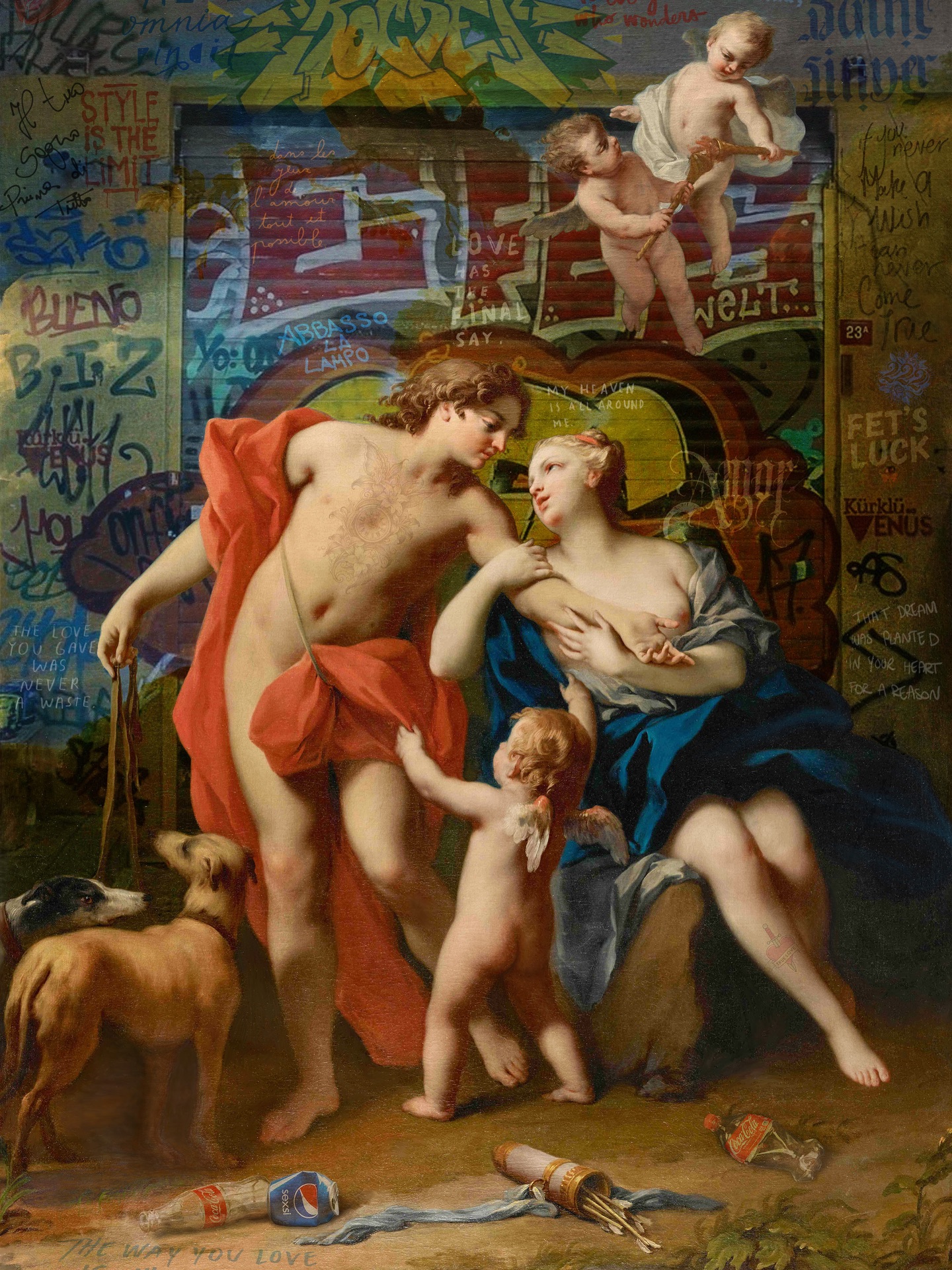 FET’S LUCK by Marco Battaglini
Where mythological love collides with urban reality.
In Marco Battaglini’s ArtPopClassic vision, classical beauty is not preserved… it is challenged. Cupid, Venus, and desire survive beneath layers of graffiti, consumer symbols, and contemporary noise.
Sacred and profane. Eternal and immediate. Harmony and disruption.
Is love still divine in the age of excess, or has it become just another symbol on the wall?
#ArtPopClassic #ContemporaryMasterpiece #marcobattaglini