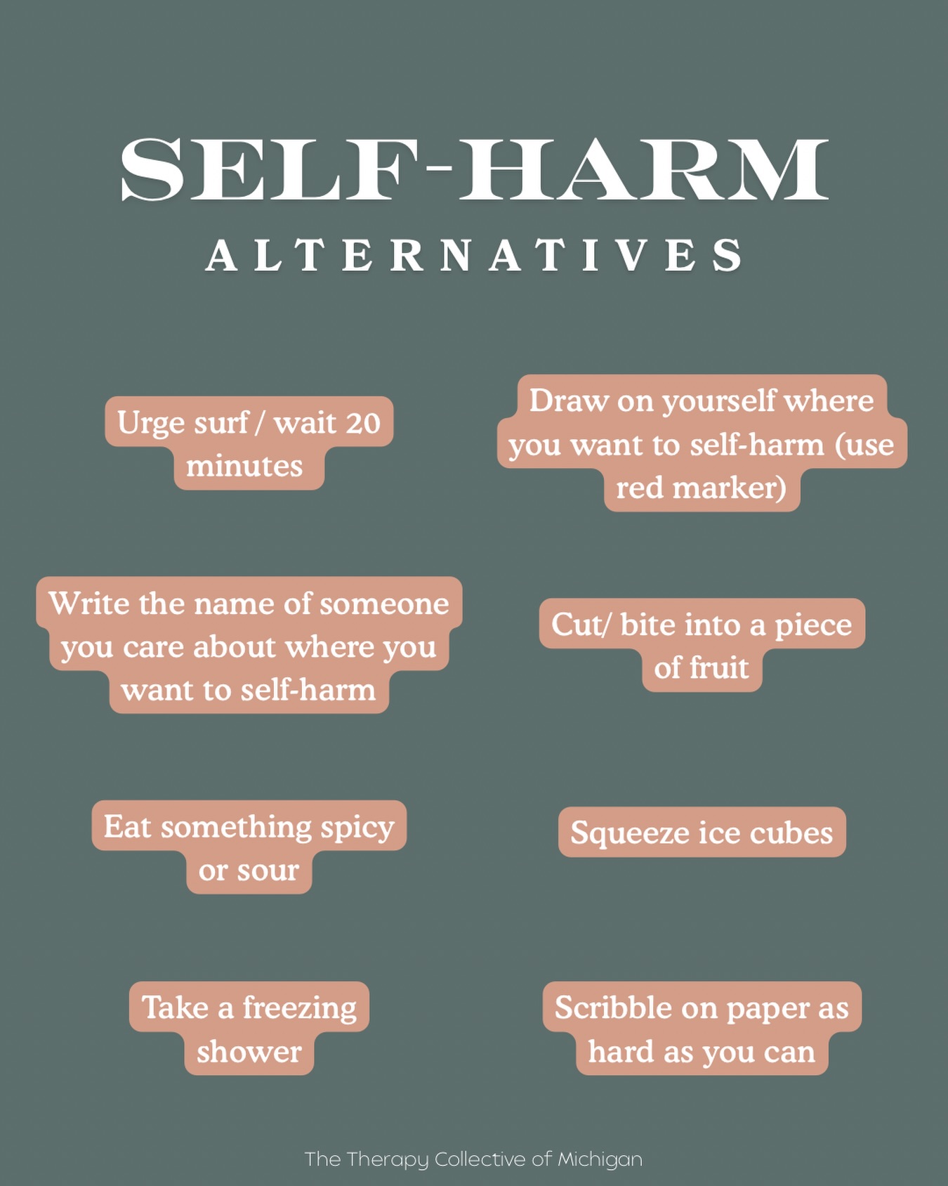 March is Self-Harm Awareness Month.đ A gentle reminder that if youâre struggling, you deserve support, not shame. Healing isnât linear, and coping in healthier ways takes practice, not perfection.
If you need alternatives in hard moments, try holding ice, drawing lines on your skin with a washable marker, or grounding yourself with the 5-4-3-2-1 method.
Your pain is valid, but hurting yourself doesnât have to be the answer. You matter more than you know đ¤
*
*
#selfharmawarenessmonth #selfharmalternatives #mentalhealth #michigantherapy #youmatter