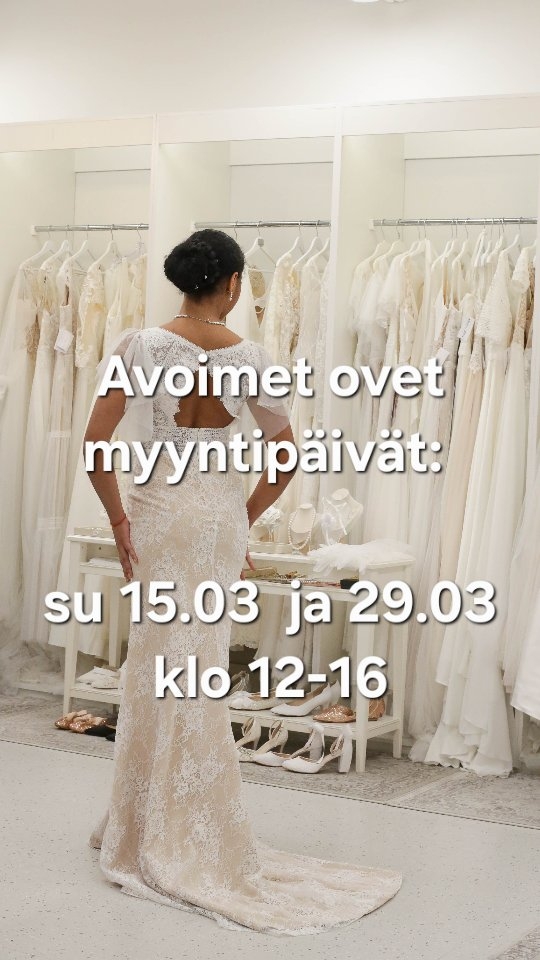 Tervetuloa ilman ajanvarausta!
Avoimet ovet:
📅 sunnuntai 15.3. klo 12–16
📅 sunnuntai 29.3. klo 12–16
🤍Mallimekkoja jopa -60%
🤍Alennuksessa design-puvut -20%
🤍Lasten mekkoja -30%
🤍Hunnut -30%
🤍 Bolero - 30%
🤍 Koruja -20%
Tule sovittamaan, inspiroitumaan ja löytämään juuri sinun pukusi
🤍Lämpimästi tervetuloa,Elegant Affairs.
#häämekko #hääpukusuunnittelija #häämuoti #morsiuspuku #häät