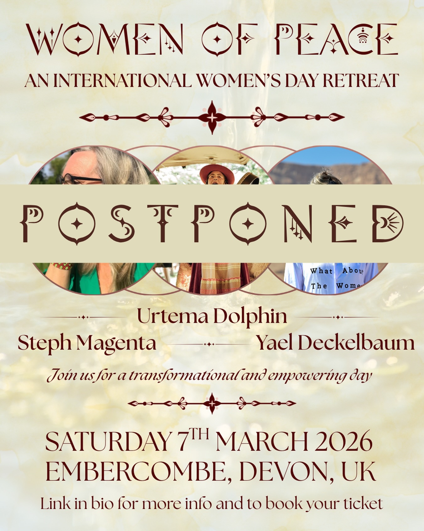 Please accept our deepest apology as we navigate through these times of great unrest.
Due to Yael unable to leave Israel we have chosen to postpone our event until Yael is able to safely travel to the UK.
It didn’t feel right to carry on the event without her, and our hearts are with everyone who is in a war zone right now.
Thank you for your support and your patience.
We will announce a new date once things have settled 🙏🏻
On another note, we will be holding a peace prayer circle online at 7pm GMT to share our hearts, our voices for what’s happening in the world right now.
It feels important to gather and to metabolise these moments together, we are calling our village, our sisters from afar to come and sit in sacred circle so that we can pray together for a better world.
More details to follow
With reverence and peace,
Lucy x
#postponed #peacenow #stopthewar #enoughisenough