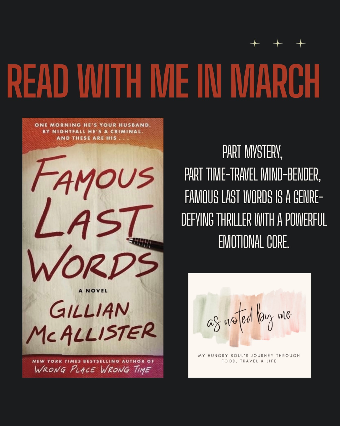 Read With Me in March :: As Noted By Me
Famous Last Words by Gillian McAllister
Part mystery, part time-travel mind-bender, Famous Last Words is a genre-defying thriller with a powerful emotional core. It made me think deeply about justice, regret, and the weight of a single moment.
I kept asking myself: what would I change if I could go back? And what would I risk to do it? This book was more than a suspenseful ride...it was a study on how we carry grief and guilt.
Coming next month: Quiet, beautiful, and full of heart. Backman is back with a story about the most unlikely friendships.
Find the link to this and other posts on my blog in my bio
#asnotedbyme #readwithme #mylttlecornerofthelibrary #lifeasnoted