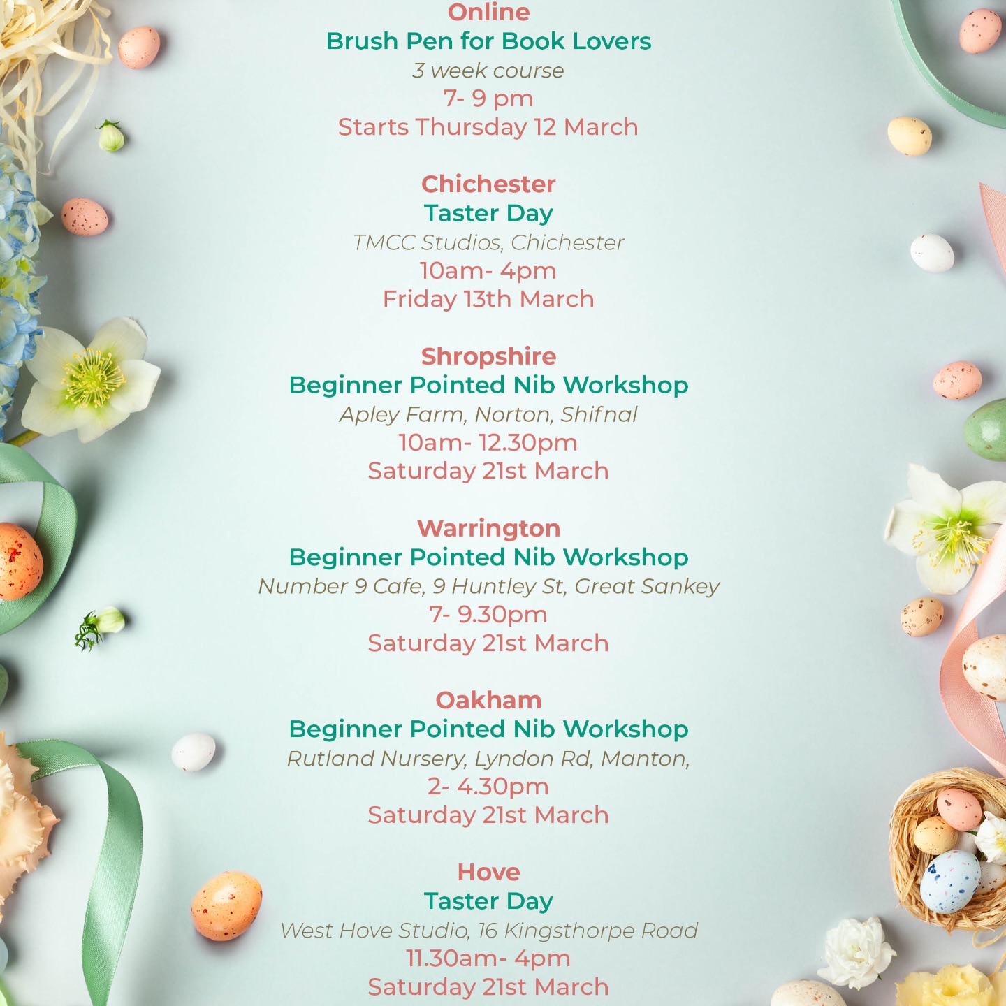 March is looking rather lovely…
If you’ve been meaning to make time for something creative, this is your gentle nudge as we’ve filled March with ways to pick your pens back up again ✍️
Online Brush Pen Course — For Book Lovers
Got a collection of brush pens quietly gathering dust in a drawer? This is their moment.
Across three relaxed weeks, we’ll use favourite books, quotes and well-loved titles as inspiration for calligraphy. You’ll create a bookmark, a book-jacket-style card and a final illustrated artwork celebrating the stories that stay with us long after the final page.
Full-Day Taster Workshops
Join us for a whole day of learning from the very beginning — no experience needed.
You’ll try both pointed nib and brush lettering, learn how the tools work, and leave with a finished piece (and the confidence to keep going).
📍 East Wittering Studio - our light, beach-side creative space
📍 Hove - the fantastic @sageandsalt.studio
We have calligraphy workshops out and about this month too and would love to meet you if you’re nearby:
📍 Shropshire
📍 Oakham
📍 Warrington
You don’t have to be “good at art”.
We’d really love to see you.
#calligraphy #calligraphyworkshops #shropshire #oakham #visitchichester