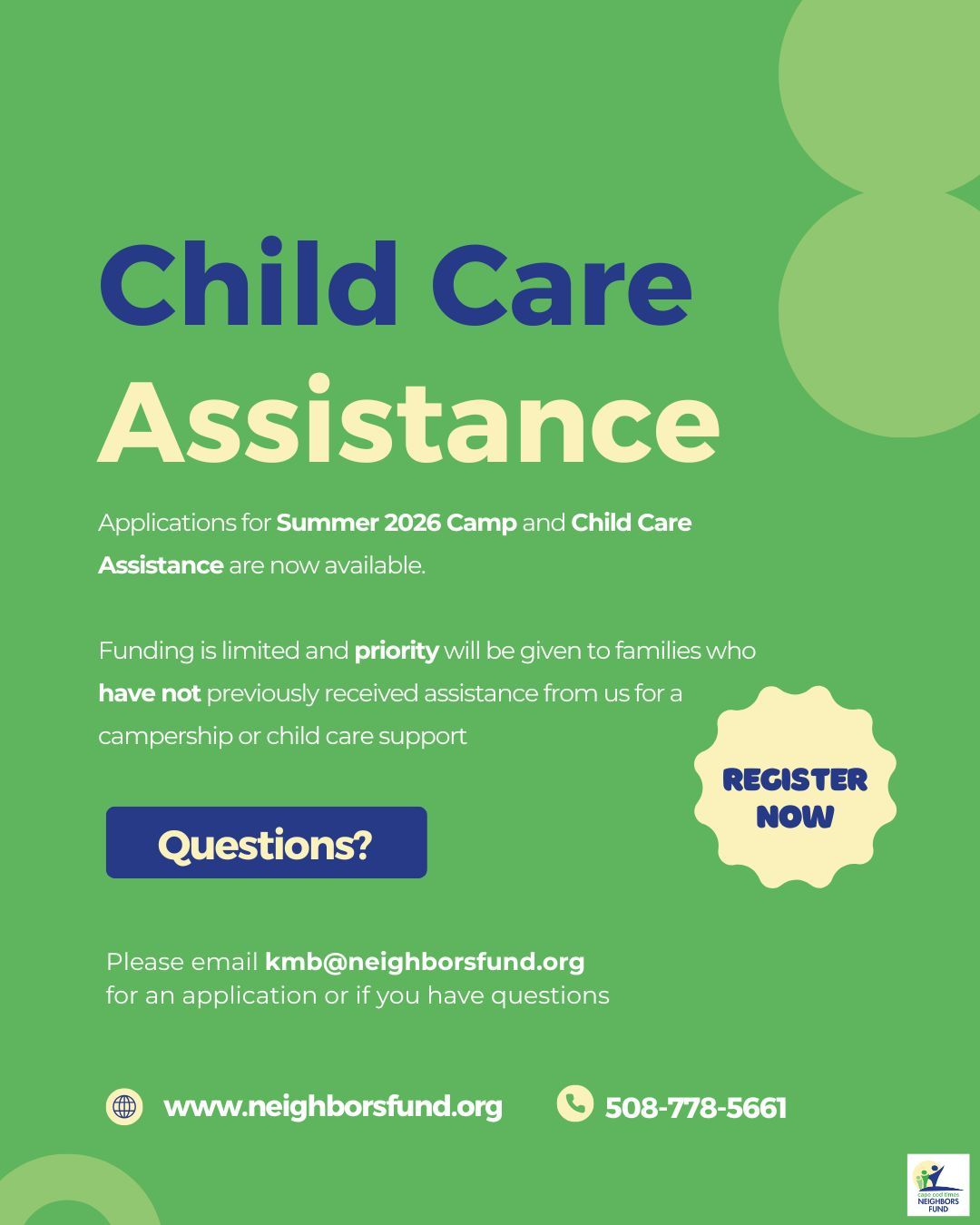 Applications for Summer 2026 Camp and Child Care Assistance are now available!
Funding is limited and priority will be given to families who have not received assistance from us for a campership or child care support.
Please email kmb@neighborsfund.org for an application of if you have any questions!
#summercampassistance #childcareassistance