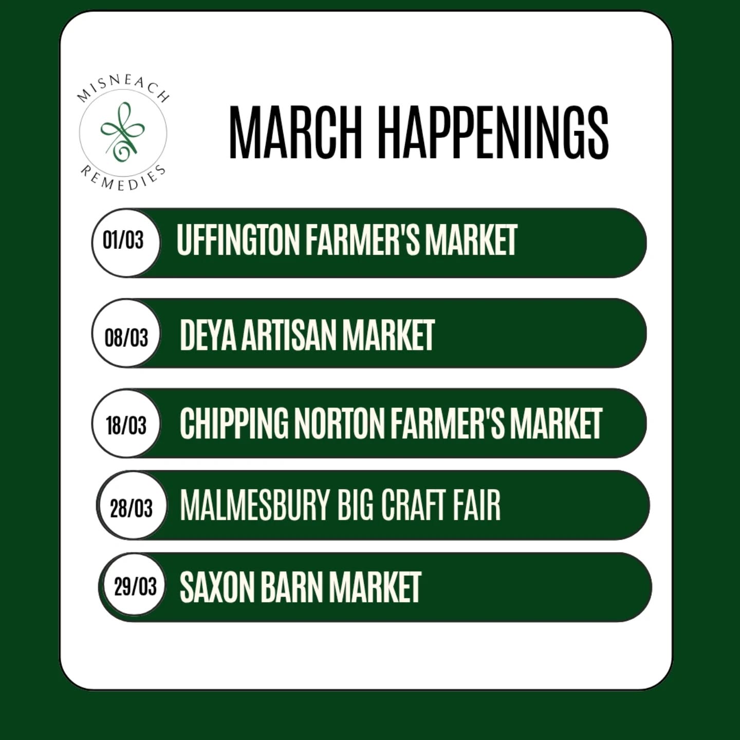 Limited markets this month so pop along or shop online. Cannot wait to attend these, super venues and brilliant markets, hope to see you there. 🤗🤗🤭
DEYA Artisan Market WTS - Sunday, 8th March
12pm until 5pm @wtscollective
Chipping Norton Farmer's Market- Wednesday, 18th March 9am until 3pm @cotswoldmarketsltd
Malmesbury Big Craft Fair, Satirday, 28th March, 11am until 3pm @bigmalmesburycraftfair
Saxon Barn Artisan Market, Sunday, 29th March, 10am until 2pm @saxonbarn
Le grá,
Jennie xxx
#markets #MisneachRemedies #cotswolds #MarchHappenings