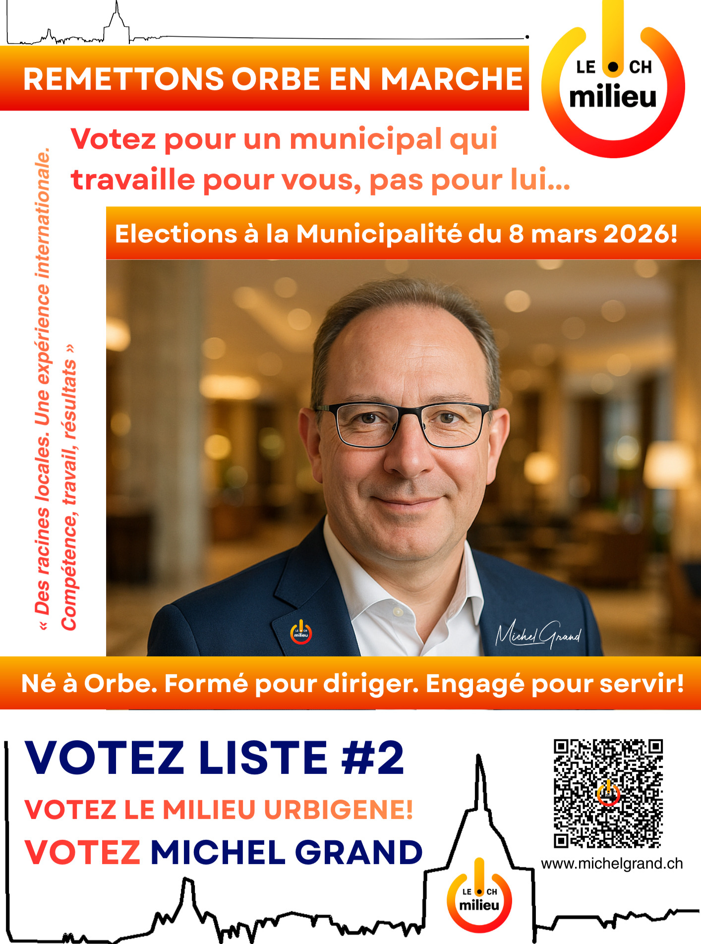 🚀 J-5
🗳️ VOTEZ. VOTEZ. VOTEZ.
Le 8 mars, vous élirez votre Municipalité.
Je me présente avec une conviction simple :
Je ne fais pas de promesses irréalistes.
Je ne fais pas de slogans faciles.
Je m’engage à travailler.
Né à Orbe.
Formé pour diriger.
Engagé pour servir.
Mon parcours d’entrepreneur m’a appris la responsabilité, la gestion rigoureuse, la prise de décision claire et le respect des règles.
Être municipal, ce n’est pas être populaire.
C’est être compétent.
C’est diriger un département.
C’est rendre des comptes.
Je veux être un municipal au service des Urbigènes,
pas au service de moi-même.
Pas pour une carrière.
Pour Orbe.
Moins de promesses.
Plus d’actions.
Plus de méthode.
Plus de transparence.
Découvrez mon parcours et ma vision en toute transparence :
🌐 http://www.michelgrand.ch
Le 8 mars :
🗳️ Liste #2 – Michel Grand à la Municipalité
Orbe mérite du sérieux.
Orbe mérite du travail.
#Orbe #OrbeVD #MichelGrand
#MunicipalitéOrbe #ElectionsOrbe2026
#Vote8Mars #Liste2
#EngagementLocal #Competence
#MoinsDePromessesPlusDActions
#AuServiceDOrbe #Transparence
#remettonsorbeenmarche