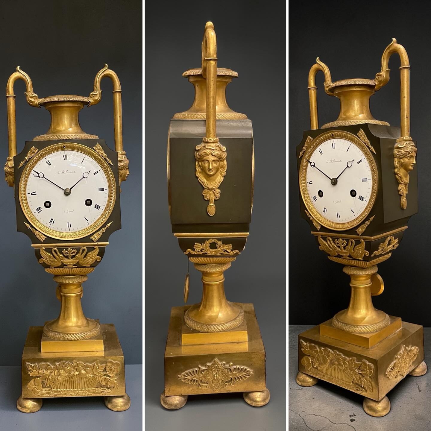 Empire Period Chased and Gilt Bronze Mantel Clock – Signed J.B. Roemat, Ghent – Strikes the Hours and Half-Hours. #horlogerie #empire #antique #homedecor #antiquestore