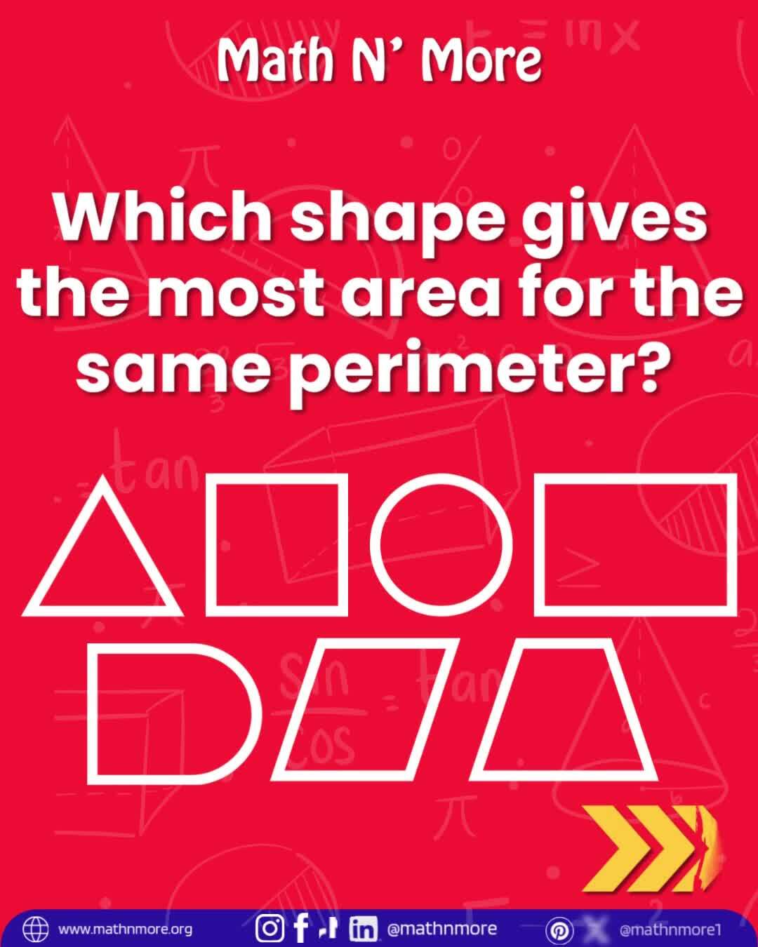 Ever wonder why circles are round? ⚪️
Among all shapes with the same perimeter, the circle gives the maximum area!
That’s math’s way of saying: efficiency can be beautiful. ✨
#MathFacts #Geometry #MathNMore #STEMbeauty #MathInNature
#MathMonday #MathIsFun