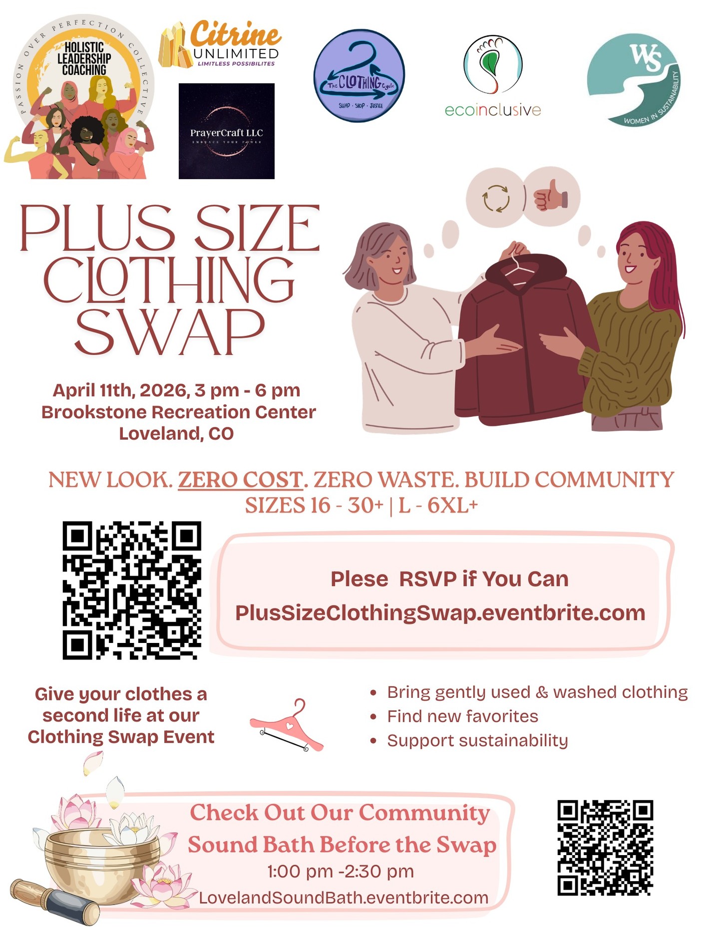 🌸 Spring is the perfect time to clear space, refresh your wardrobe, and reconnect with community.
On April 11, we’re hosting a Zero Cost Plus Size Clothing Swap (Sizes 16–30+) and you’re invited.
Bring gently used clothing you no longer wear and discover new favorites shared by others. Whether you have a few items to pass along or a whole bag ready to declutter, there’s space for everyone.
✨ New Look
✨ Zero Cost
✨ Zero Waste
✨ Build Community
This event is free and open to the community.
RSVP is encouraged so we know how many people to expect, but walk-ins are welcome.
🔗 RSVP here:
https://PlusSizeClothingSwap.eventbrite.com
Sponsored by:
Citrine Unlimited LLC: POP Collective
@prayercrafthealer
@women.in.sustainability
@theclothingcycleshop
Ecoinclusive
#CommunityBuilding #Sustainability #BodyPositivity #ClothingSwap #PlusSizeFashion #CircularFashion #WomenSupportingWomen #FortCollins #Loveland #Longmont #Greeley