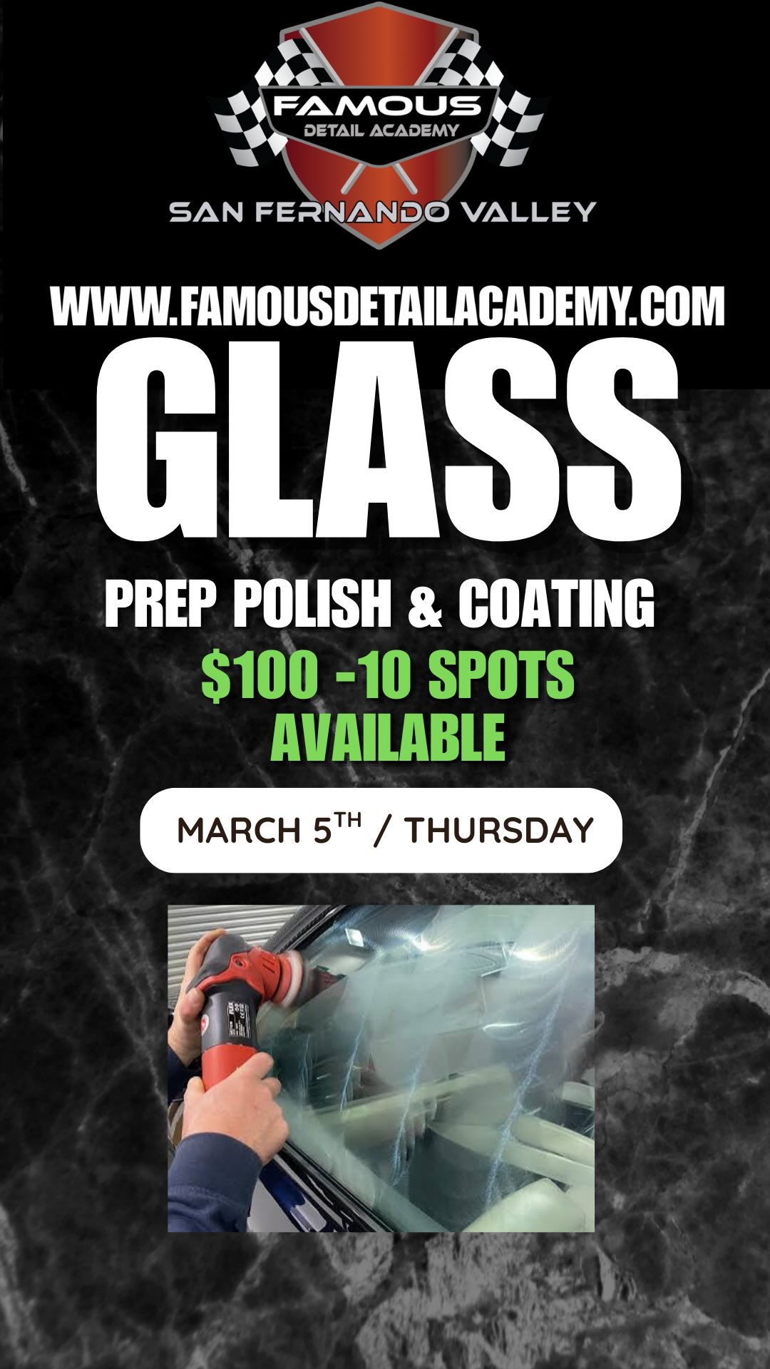 This Thursdays March 25th 2026 is our next class ..
Glass Maintenance- Polishing - Coating
Sign Up @famous_detail_academy or visit the website directly at www.famousdetailacademy.com
This class will be from 9am- 2pm and is limited to 10 spots.
If you are an enthusiast, a professional or just love learning this is a great class it doesn’t break the budget .
Make sure you sign up spots are limited .
If you need bilingual (Spanish) pls msg me.
#famousdetailacademy #mobiledetailing #autodetailing