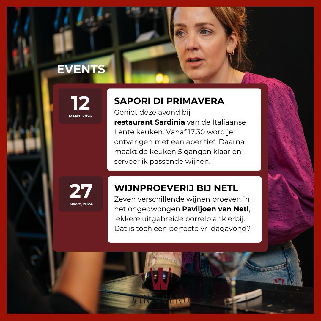 EVENTS IN MAART 📅
Donderdag 12 maart: SAPORI DI PRIMAVERA 🇮🇹🌿
Geniet deze avond bij restaurant Sardinia van de Italiaanse Lente keuken 🍽️ Vanaf 17.30 wordt je ontvangen met een aperitief 🥂. Daarna maakt de keuken 5 gangen klaar en serveer ik passende wijnen 🍷. Dit voor een all-in prijs van 57,95 p.p.
Reserveren kan telefonisch via restaurant Sardinia 📞: 0522 251 219
Vrijdag 27 maart: Wijnproeverij bij Netl 🍷
Zeven verschillende wijnen proeven in het ongedwongen Paviljoen van Netl, lekkere uitgebreide borrelplank erbij 🧀🍇.. Dat is toch een perfecte vrijdagavond? ✨
Inloop vanaf 19.30, start om 20.00
35,- p.p.
Reserveren? 📩 info@vinoveno.nl of bel/app 📞💬: 06 34 57 25 81
www.vinoveno.nl
.
#vinoveno #WijnproeverijNetl #ItaliaanseLenteKeuken #WijnSpijsAvond #RestaurantSardinia