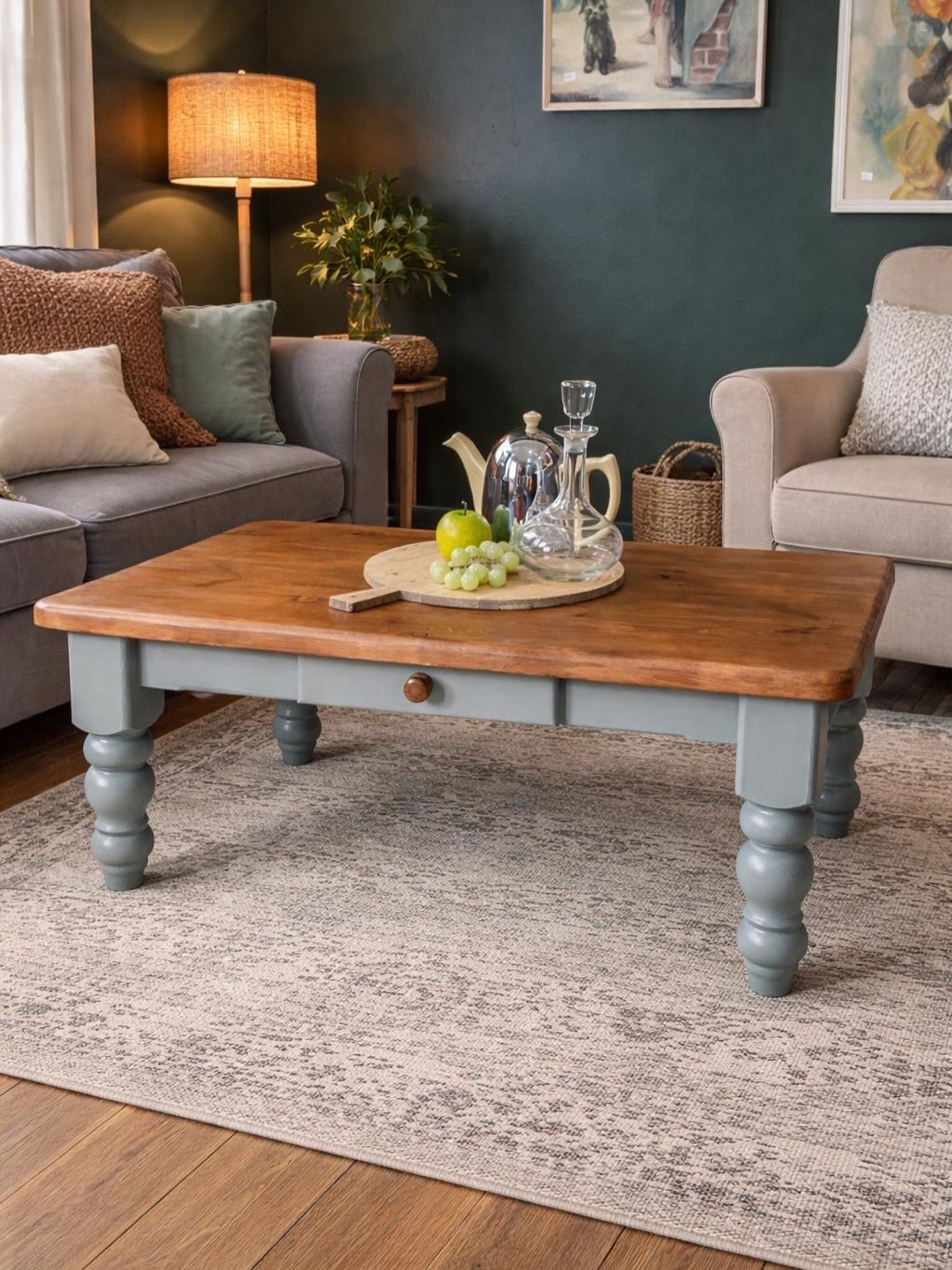 -SOLD-
The simple coffee table is a well-used yet underrated item for your living room. How would you manage without somewhere to put your cup/glass/ book/feet etc. ?! 😆
This one has some great features too like the lovely turned legs, handy little drawer and beautiful pine top.
The base has been painted in gorgeous muted grey/blue/green ( Denimes by F&B) and it measures 123cm x 59cm, H50cm £95
Friday rolls in again and we’re away on a little trip and this weekend. Yes, you’ve guessed it….there’ll be some antique buying to be done!
#coffeetable #pinecoffeetable #paintedfurniture #denimes