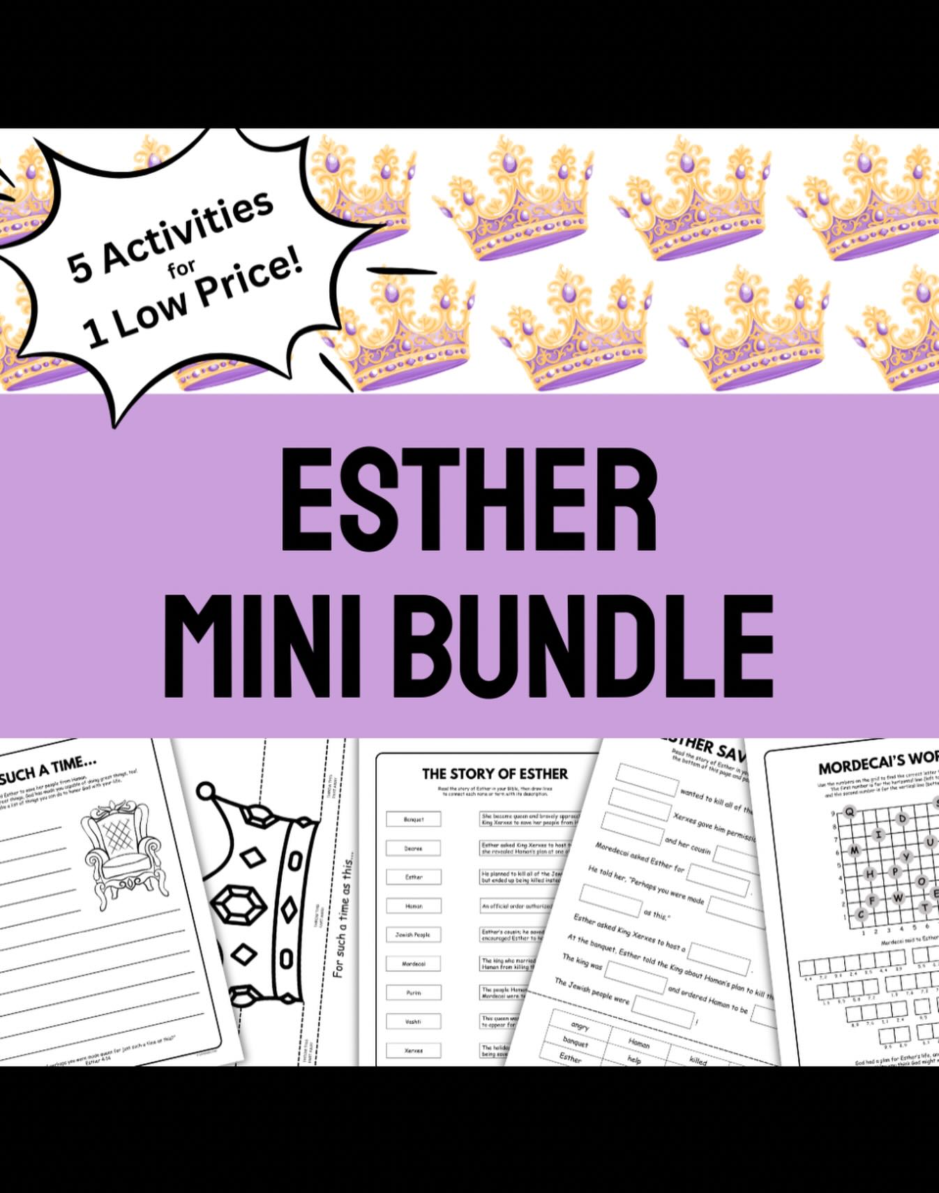 Learn about Esther with this mini activity bundle!
Includes:
•Cut-and-Paste story activity
•Terms matching activity
•Esther 4:14 Code Breaker
•I Can Honor God with My Life Writing Activity
•Crown craft
All activities are instant downloads and can be used immediately! Find this set in Premium Resources 👑