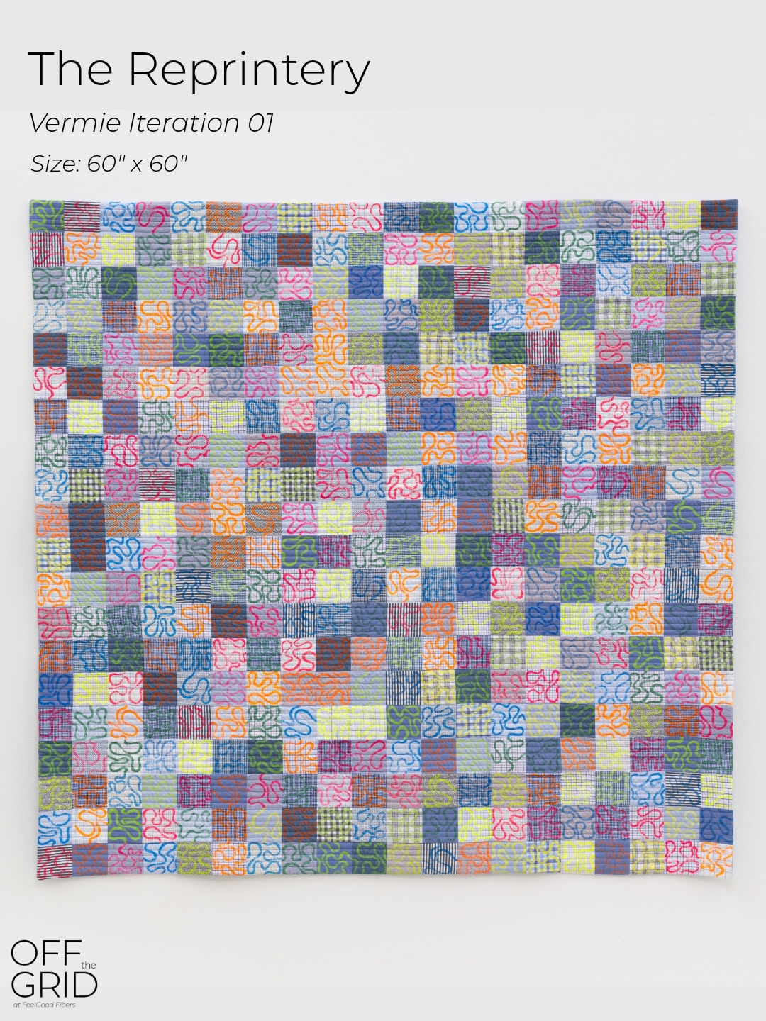 Over the next couple weeks I’m going to be highlighting some of the amazing artists and quilts that are hanging in the Off the Grid virtual gallery on @feelgoodfibers. Comment “gallery” and I’ll message you a link where you can view and leave comments on the quilts.
I was blown away when I saw this first quilt from @thereprintery and even more so when I read about their materials and their collaborative process. This quilt was made by over 50 participants!
From The Reprintery:
In the Vermie series of community quilts, each work begins as a quilted grid base that gradually fills through public participation over the course of the exhibition. Members of the community pin individual fabric squares onto the grid, placing them wherever they choose. The squares are hand-printed with infinity designs onto fabrics culled from thrifted clothing.
Each design connects regardless of orientation, allowing for infinite visual compositions. As participants add their pieces, the quilt grows into a collaborative record of shared labor, presence, and collective experience. Participants are invited to add their names as contributors, and this list lives with the finished quilt. Once the quilt is sewn together in the exact configuration in which it was pinned, it becomes a record of that moment in time.