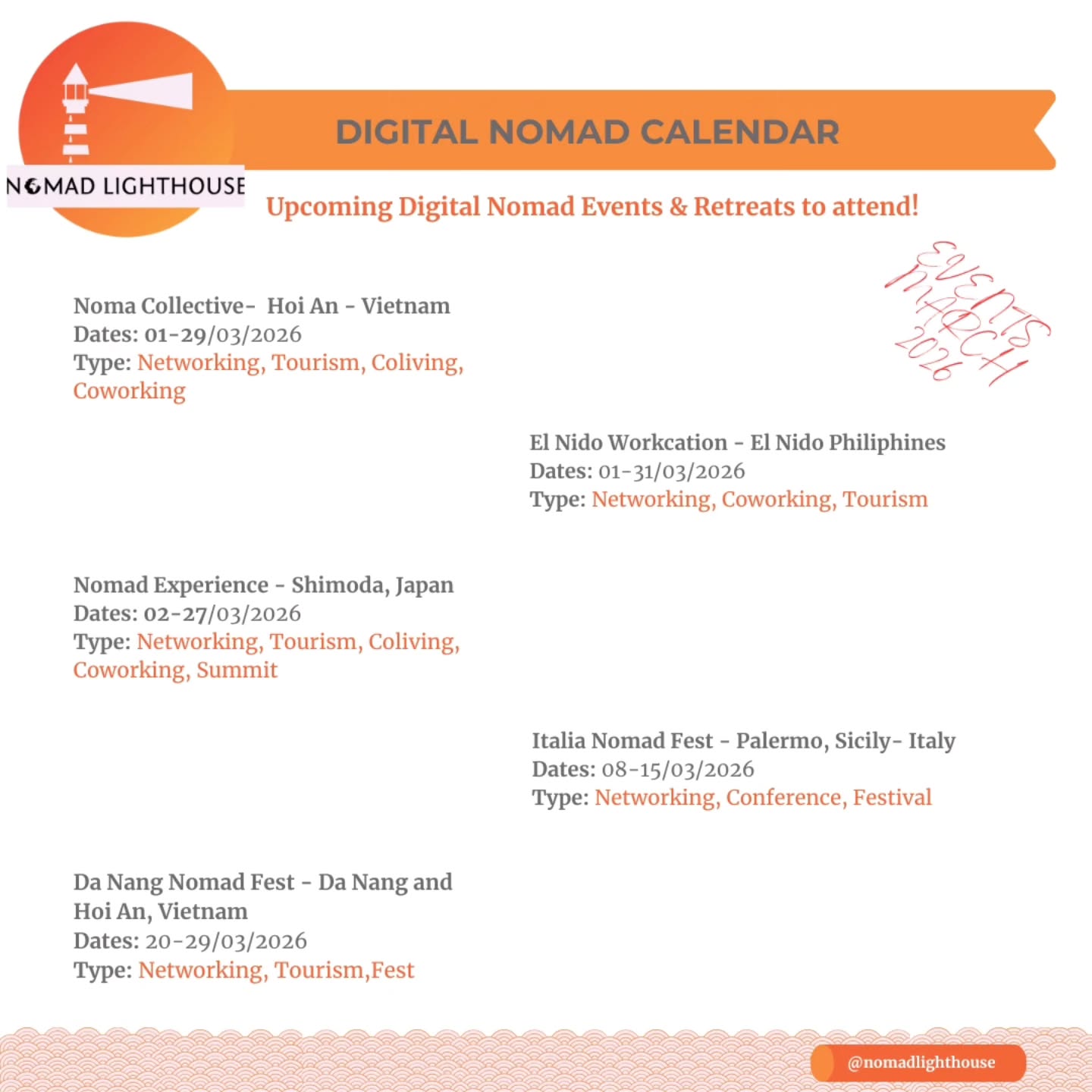 🌍✨ Hello Digital Nomads! ✨🌍
We're bringing you a roundup of the top Digital Nomad Events happening around the world this March 2026.
Where will your remote journey take you this Month?
🌏 Drop a comment and let us know! ⬇️
#DigitalNomads #RemoteWork #NomadLife #NomadCommunity #WorkFromAnywhere DigitalNomadEvents March2025 RemoteWorkLife GlobalNomads TravelAndWork WorkAndTravel DigitalNomadLifestyle NomadAdventures NomadNetworking WorkRemotely LocationIndependent NomadWorkshops EventsForNomads WorkOnTheGo ExploreTheWorld RemoteWorkOpportunities
Noma Collective Vietnam
https://www.thedigitalnomad.asia/recommends/noma-collective/
El Nido Workation
https://members.neighborsandnomads.com/suite/organizations/33f52bcb-6d08-4c33-bc1b-b38e20dc3aa8/events/93b4d0a9-a626-4a2f-880d-f1237e0c01c5?utm_source=ig&utm_medium=social&utm_content=link_in_bio&fbclid=PAZXh0bgNhZW0CMTEAc3J0YwZhcHBfaWQMMjU2MjgxMDQwNTU4AAGnoDnN_GR7jVq0EfV8u2G5RiDxDWNt7FkIoKToKdAgiL4zNbdusvr73i1mpBg_aem_v9vDBIEoOSkH4Wa_-ifSHg
Nomad Experience Japan
https://www.thedigitalnomad.asia/recommends/nomadexp-nomadnia/
Italia Nomad Fest
https://www.italianomadfest.com/
Da Nang Nomad Fest
https://www.danangnomadfest.com/