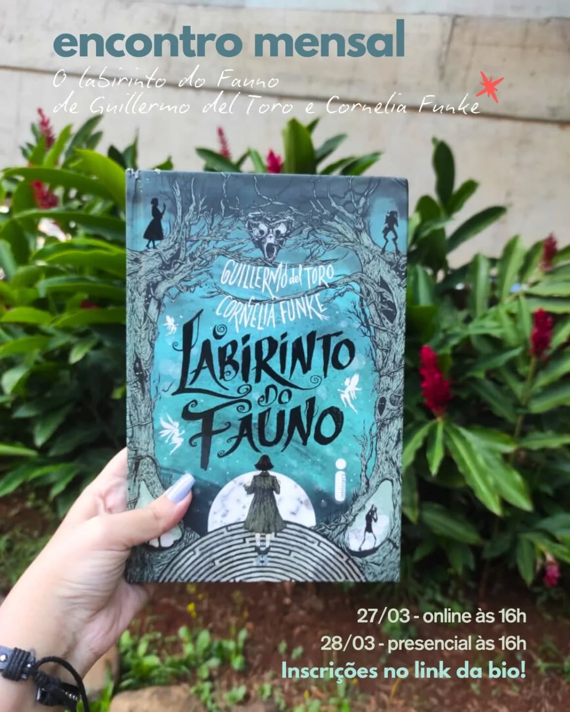 🐱
Olá, leitores!
Neste mês de março faremos a leitura de O labirinto do Fauno, de Guillermo del Toro e Cornelia Funke.
Os dois se uniram para narrar a jornada de Ofélia pelo Reino dos Homens e pelo Reino Subterrâneo na Espanha de 1944.
Nosso clube agora funciona de forma híbrida:
Encontro online: última sexta-feira do mês às 16h (o link é enviado por e-mail aos inscritos e também compartilhado no grupo do WhatsApp) .
Encontro presencial: último sábado do mês, às 16h (o local é informado por e-mail aos inscritos).
Esperamos vocês! 😸