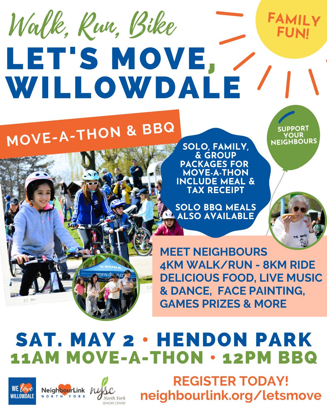 🎉 Join us for NeighbourLink North York’s 5th Annual Let’s Move, Willowdale Move-a-thon & BBQ in partnership with @nyscentre on Saturday, May 2nd!
We’re kicking things off at Hendon Park with a community warm-up at 10:30 AM, followed by an 11 AM walk, run, or ride along the Finch Hydro Corridor. Bring your friends, family, and neighbours and hit the trail with support from @werunnorhyork and @cycleto!
After the Move-a-thon, stick around for a BBQ starting at 12 PM featuring great food, live entertainment, kids’ activities by Sunnyside Up Camp, crafts, caricature artists, prizes, and more. There’s something for everyone!
💛 This year, we’re moving with purpose — raising funds for two vital initiatives:
• A Community Navigator – Helping families, newcomers, and vulnerable neighbours connect to essential supports like food security, employment resources, housing assistance, and more.
• Enhanced Mental Health Supports for Seniors – Supporting the North York Seniors Centre’s Adult Day Program through innovative Virtual Reality experiences that promote cognitive health, emotional wellbeing, and meaningful connection.
Let’s come together, get moving, and make a real difference in our community.
🔗 Learn more and register: www.neighbourlink.org/letsmove (link in bio)
Sponsored by @ducacreditunion , @mullhollandrossgroup , @mosaichomecare , @delmanor Northtown , @jvs.toronto