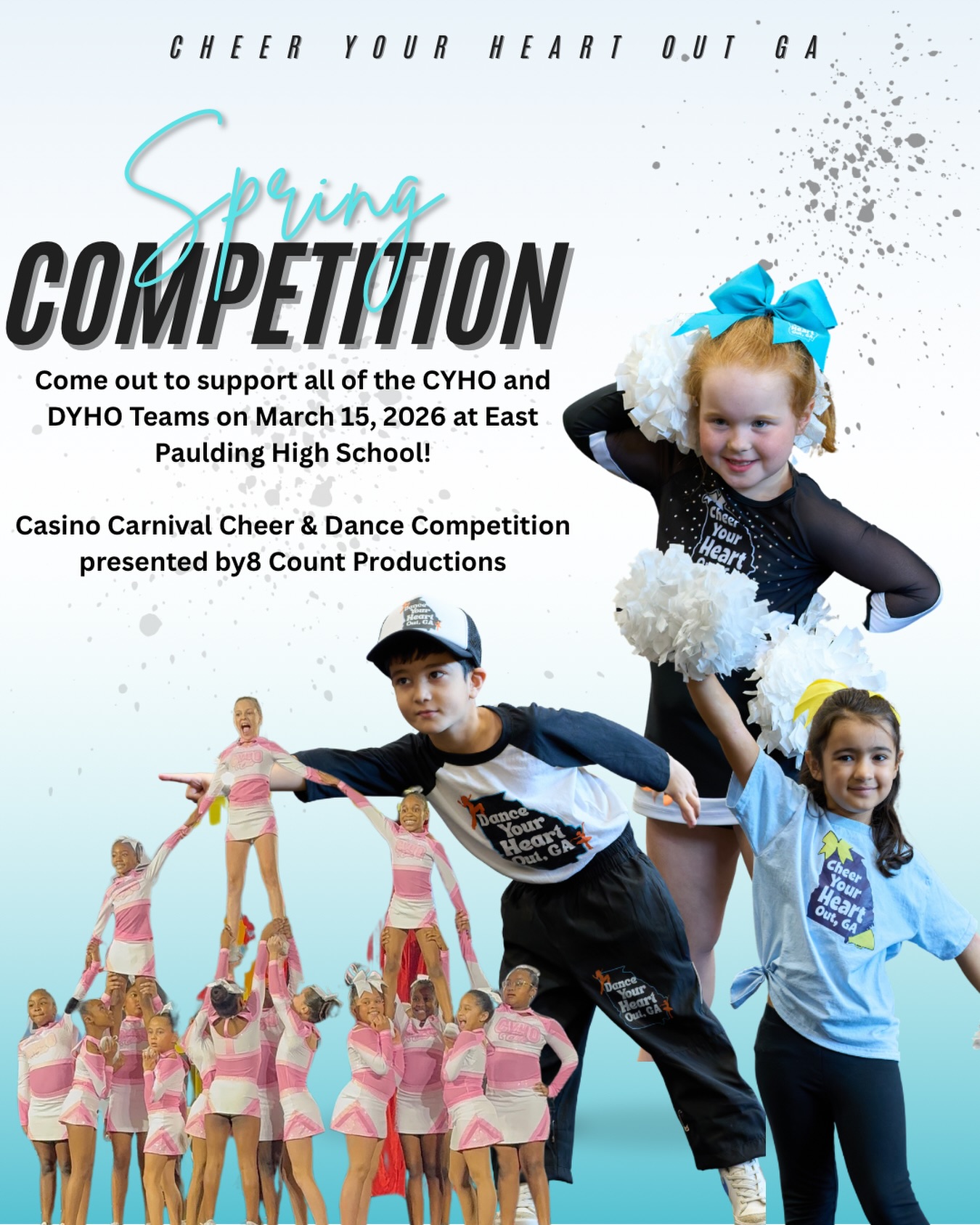 Spring comp energy is HERE 💙✨
Join us March 15, 2026 at East Paulding High School for the Casino Carnival Cheer & Dance Competition presented by 8 Count Productions 🎰🏆
Come out and support all of our CYHO and DYHO teams as they hit the floor and bring the heat 🔥
Let’s pack the stands and make it a day to remember! 💫 #8CountProductions #CasinoCarnival #CYHO #CompetitionDay