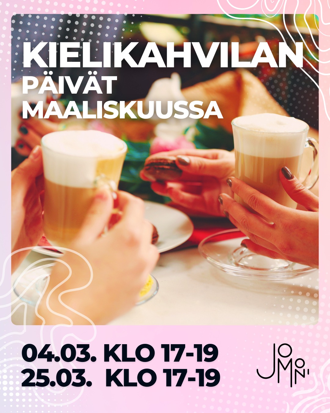 In English below
Tervetuloa harjoittelemaan suomea rennossa ja ystävällisessä ilmapiirissä
📍 Torikatu 9A, 2. krs
🕔 17:00–19:00
📅 Päivämäärät:
4.3.
25.3.
8.4.
29.4.
6.5.
27.5.
3.6.
10.6.
Avoin kaikille, maksuton toiminta. Tule mukaan juttelemaan ja tutustumaan uusiin ihmisiin! ✨
Join us to practice Finnish in a relaxed and friendly atmosphere
📍 Torikatu 9A, 2nd floor
🕔 5:00–7:00 PM
📅 Dates:
March 4
March 25
April 8
April 29
May 6
May 27
June 3
June 10
Open for everyone, free of charge. Welcome to join the conversation! ✨
#kielikahvila #languagecafe #suomenkieli #integration #joensuu #pohjoiskarjala #jomoni