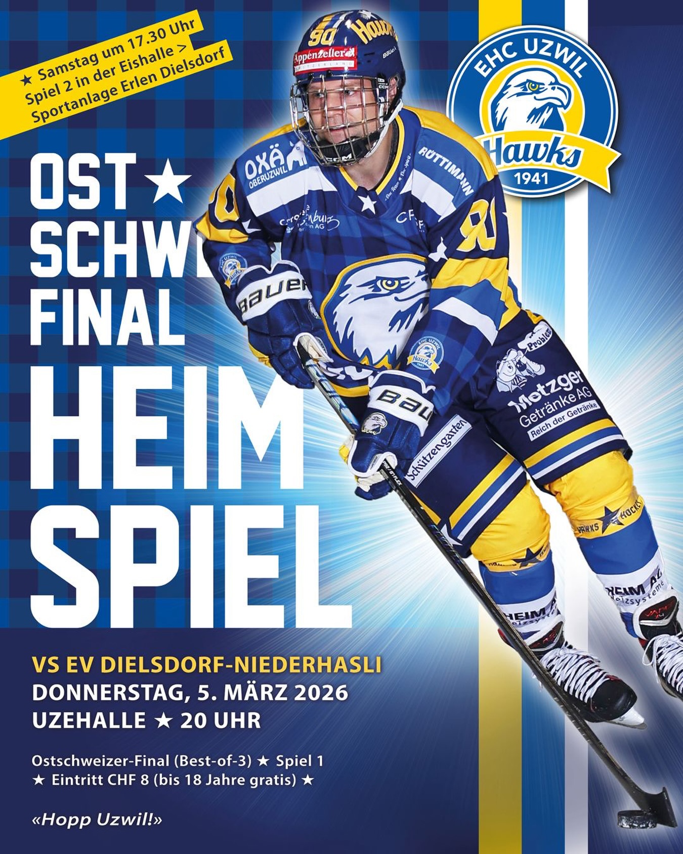 Am Donnerstag geht es los! Das Ostschweizer-Finale gegen den EV Dielsdorf-Niederhasli beginnt – und wir brauchen nochmals eure ganze Unterstützung🙌 Darum gilt: Am Donnerstag ALLE in die Uzehalle😃 HOPP UZWIL!
#ehcuzwil #ehcuzwilhawks #playoffs #uzehalle #heimvorteil