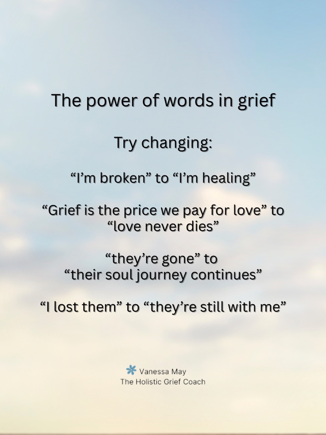 Grief is SO hard if your loss has been traumatic or tragic - and therefore completely life-changing - but sometimes we get a chink of light in the darkness of our grief and that’s when we might be able to change some of our thoughts, such as “I’m broken” to “I’m healing”. It won’t bring them back but it just may help us to hold on to a little hope and feel a moment of peace in the turmoil. We might then find a greater capacity for self compassion🕊