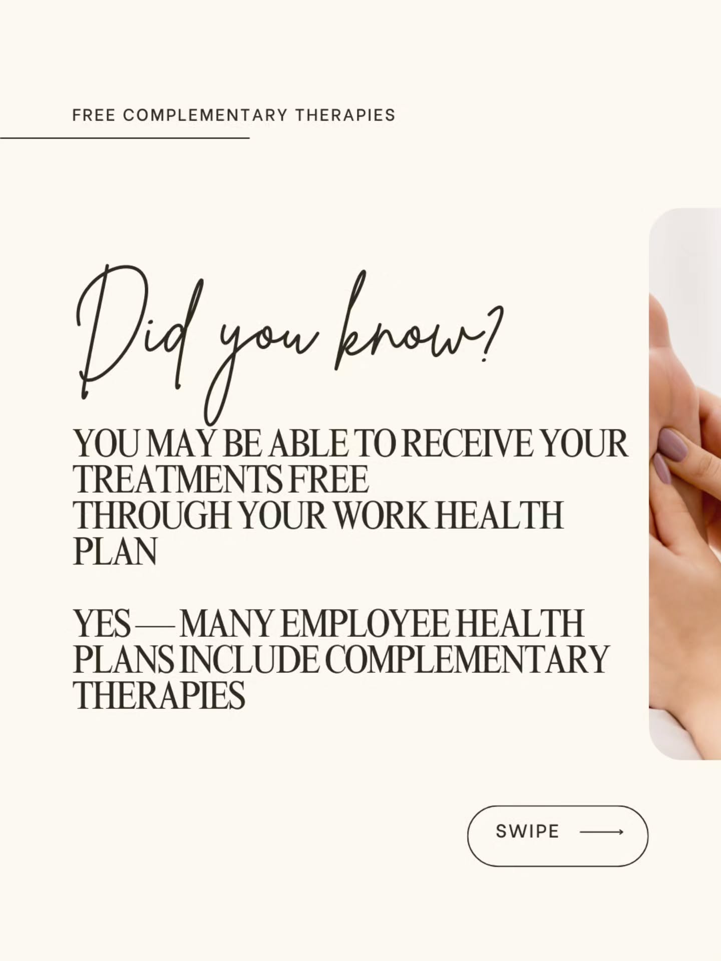 ❗️Your Treatments Could Be FREE❗️
Many employers now offer Health Cash Plans or Workplace Health Benefits that allow you to claim back complementary therapies.
Tatjana is VTCT trained, fully insured, and a registered member of the Federation of Holistic Therapists (FHT) and MLD UK — meeting the professional standards required by most work health plans.
Treatments that may be eligible for claim:
• Reflexology
• Manual Lymphatic Drainage
• Swedish Massage/ Body Massage
• Hot Stone Massage
Check with your employer or health plan provider to confirm your coverage.
If you need a receipt or guidance on claiming, just send a message.
#newburyberkshire #Reflexology #ManualLymphaticDrainage #HolisticHealth #fht MLDUK