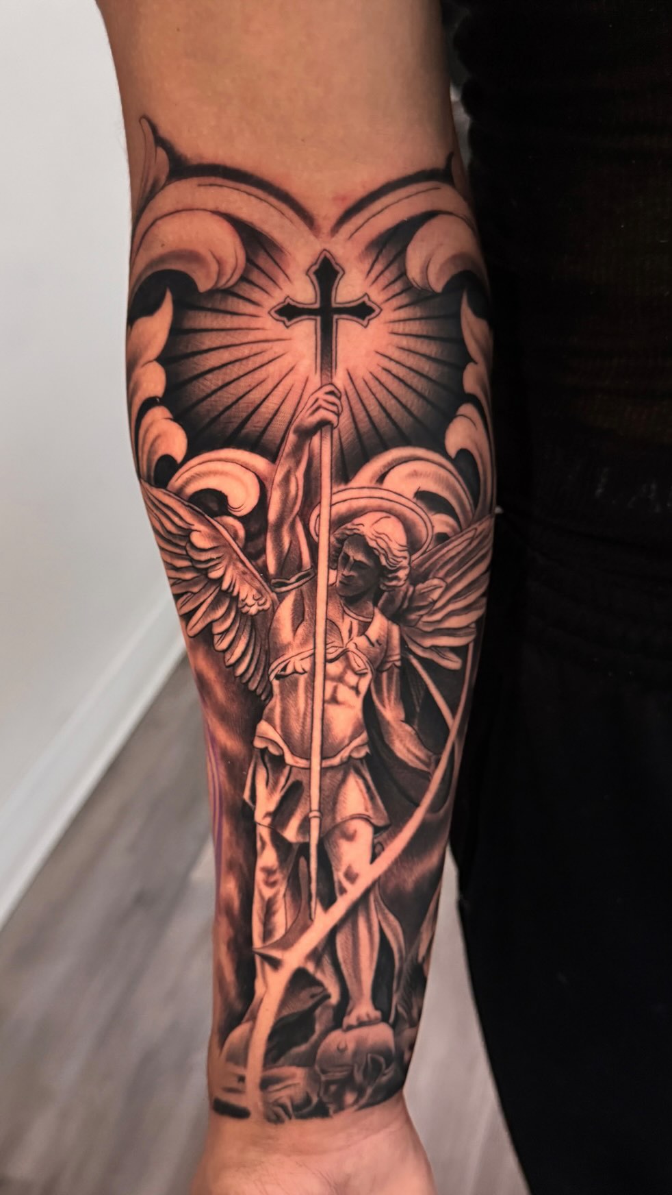 Saint michael tattoo . #saintmichaeltattoo #religioustattoo #saintmichael #dmvtattoos #vatattooartist