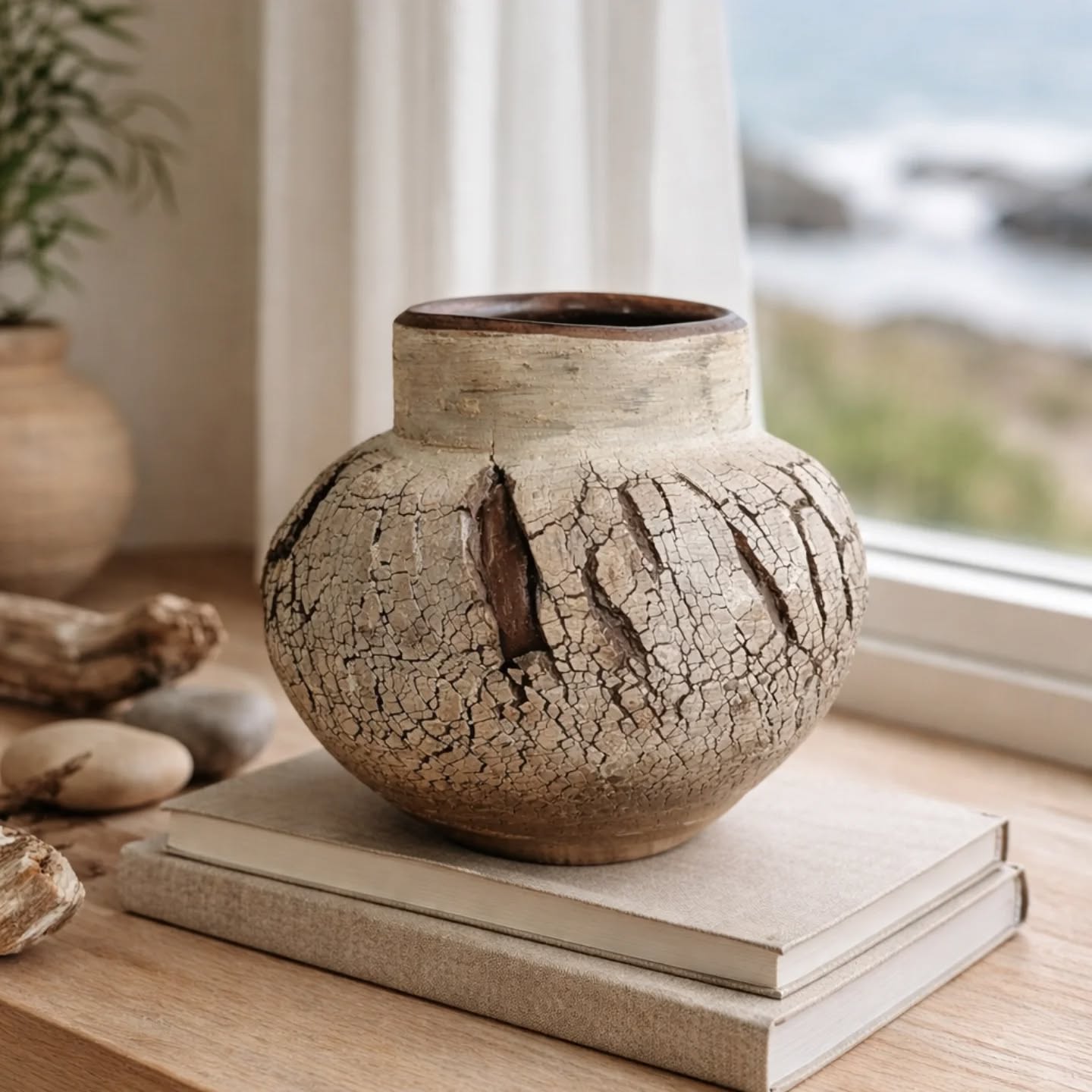 Layers of slip are allowed to dry and pushed to their limits...allowing the clay to crack and create contrast and texture. Like stone exposed where the sea has carved its way in.
This piece started on the wheel and then manipulated further by hand as the clay dried.
The tide whispers in the cracks of this vessel. A study of time and salt—where sea meets earth, and the surface tells a story. Each fissure, each worn line, is a tide returning, always revealing what lies beneath.
#CoastalCeramics #TideCarved #SaltAndStone #HandbuiltWithTime #OceanInspired