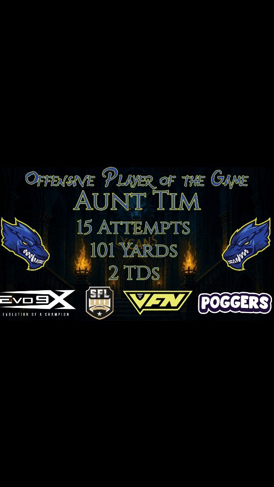 š£Late Contentš£
Congrats to our @evo9x Week 6 Offensive Player of the Game:
Aunt Tim
#44
Halfback
Let's go Rook!
#MakeAnImpact #HowlAtTheMoon #LycAngeles #NewMoon