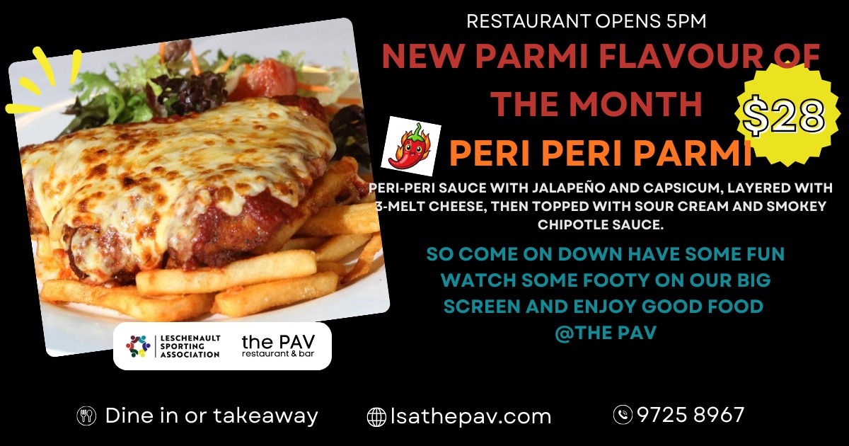 Thursday Night Specials at The Pav! ๐ป
Football is back on the big screen, so grab your mates, sit back, and enjoy the game with a cold pint.
Donโt miss our Parmi of the Month โ Peri Peri Parmi ๐ฅ
Come in and give it a try!
Plus plenty of other great specials available tonight. See you at The Pav!