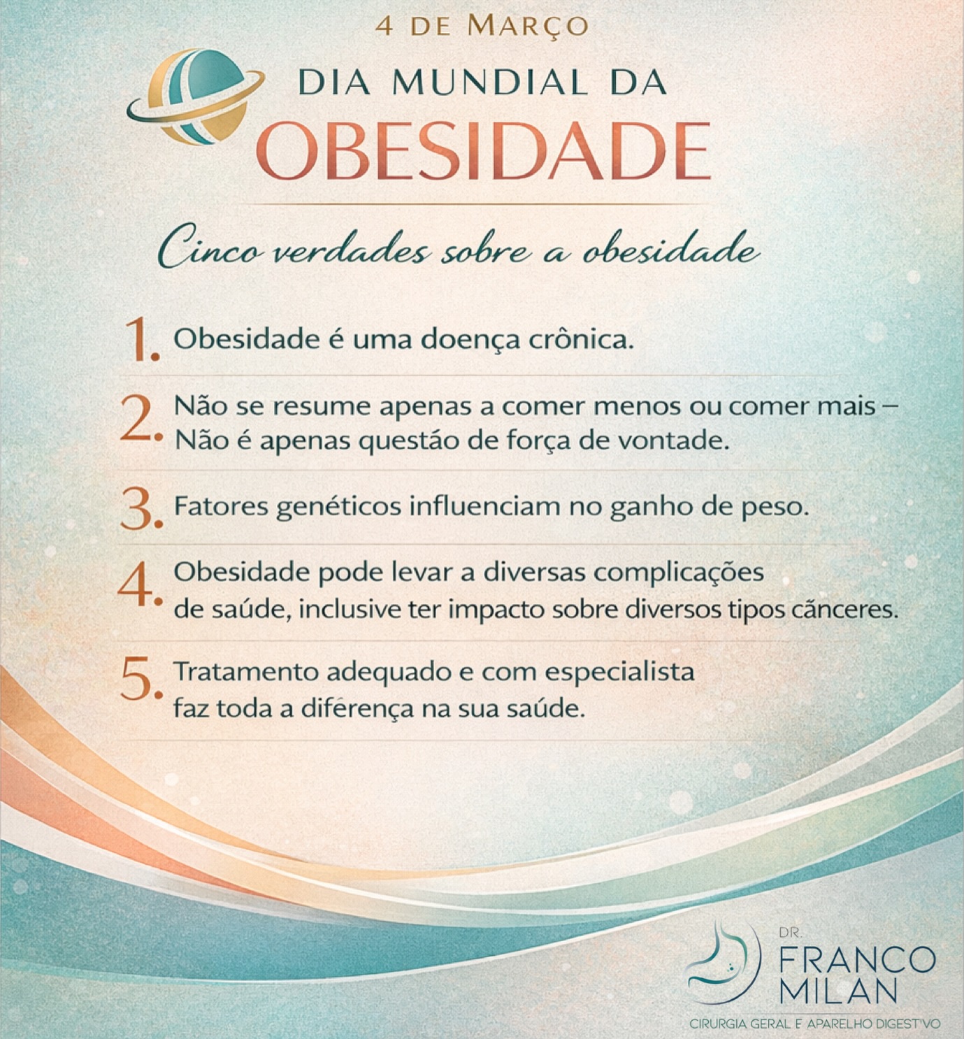 📅 4 de março | Dia Mundial da Obesidade
A obesidade não é falta de força de vontade — é uma doença crônica, complexa e multifatorial, que precisa ser tratada com ciência, empatia e acompanhamento adequado.
👉 Falar sobre obesidade é falar sobre saúde, prevenção de doenças e qualidade de vida.
👉 Informação correta combate estigma, culpa e atrasos no tratamento.
👉 O manejo adequado pode reduzir riscos cardiovasculares, metabólicos e até o impacto em alguns tipos de câncer.
💡 Quanto mais cedo o diagnóstico e o acompanhamento com especialista, maiores são as chances de controle e melhora da saúde global.
🩺 Se você convive com o excesso de peso, saiba: há tratamento, há ciência e há caminho.
Salve este post, compartilhe com quem precisa e ajude a levar informação de qualidade adiante.
#DiaMundialDaObesidade #ObesidadeÉDoença #SaúdeMetabólica #TratamentoDaObesidade
#MedicinaBaseadaEmEvidências