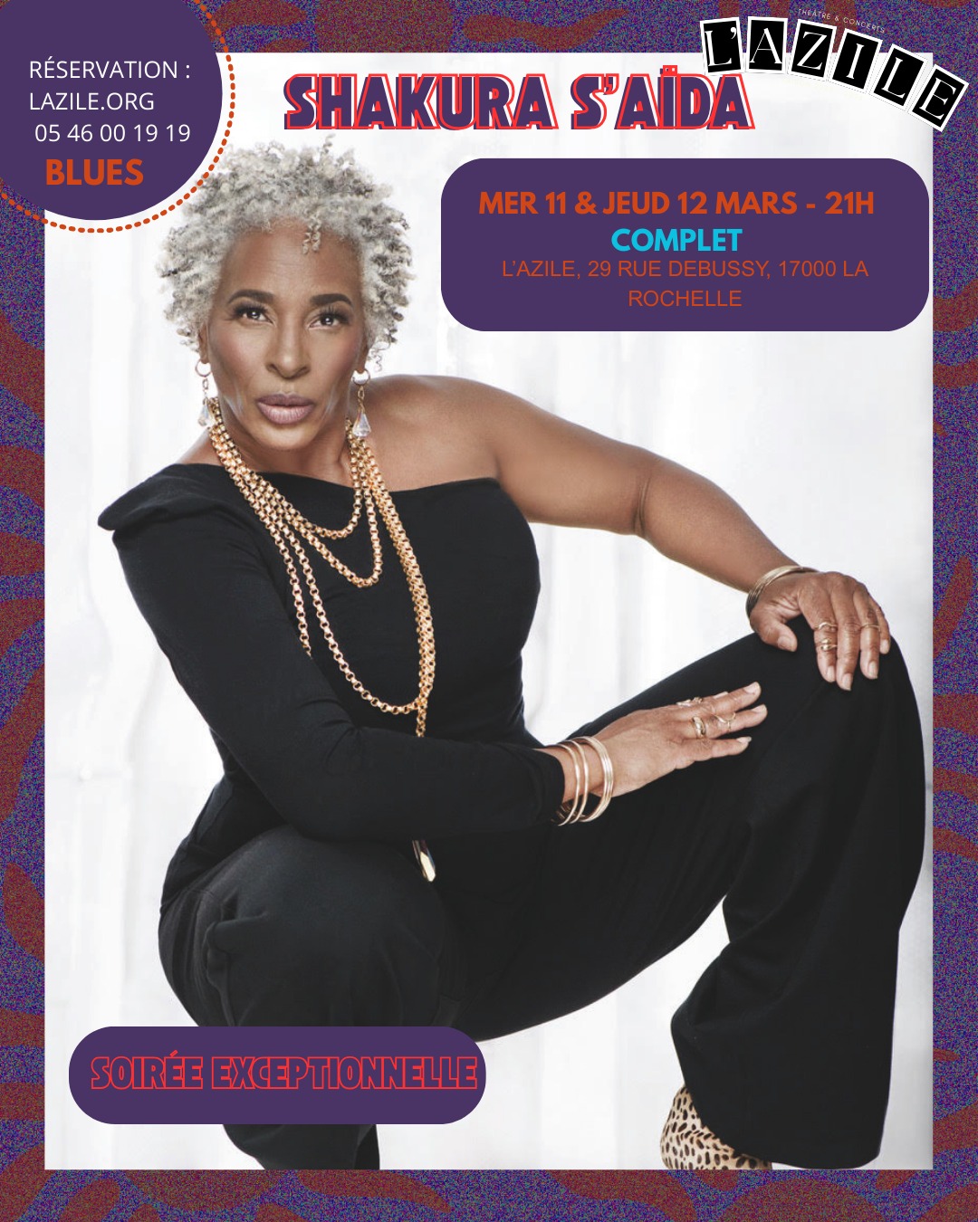 🎶Retrouvez Shakura S'Aïda mercredi 11 et jeudi 12 mars à L'Azile pour une soirée exceptionnelle ✨
📖Avec sa voix puissante et son charisme magnétique, cette figure incontournable du blues, de la soul et du rhythm & blues rayonne depuis plus de 20 ans. Née à Brooklyn, élevée en Suisse et installée à Toronto, elle a parcouru plus de 30 pays et conquis les scènes du monde entier. Révélée en 2008 lors de l’International Blues Challenge à Memphis (2e place), elle transforme chaque chanson en message d’humanité et de justice.
Artiste complète, elle navigue entre musique, théâtre et cinéma, notamment avec son hommage à Nina Simone, The Nina Project. En 2023, elle signe son grand retour avec Hold On to Love, un album puissant porté par des collaborations internationales. 🎶🔥
🎫Billetterie : lazile.org/billetterie - 05 46 00 19 19