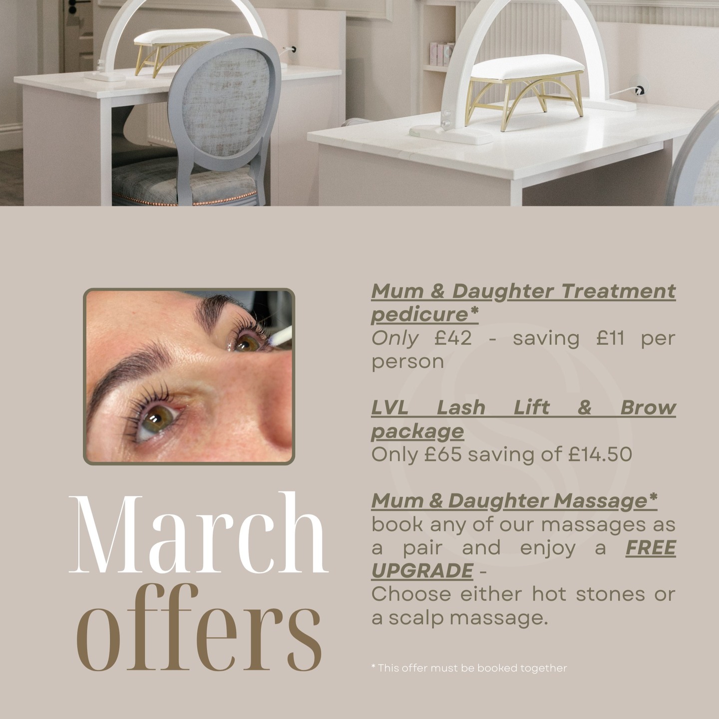 🌸 Mother’s Day Specials – Made for Mum & You! 🌸
With Mother’s Day just around the corner, we’ve created some extra special offers this month to celebrate all the amazing mums. Whether you’re planning a relaxing day together or treating mum to some well-deserved pampering, these packages are designed for the perfect mother & daughter moment. 💕
✨ Mum & Daughter Pedicure
Only £42 each – saving £11 per person
✨ LVL Lash Lift & Brow Package
Only £65 – saving £14.50
✨ Mum & Daughter Massage
Book any massage together and enjoy a FREE upgrade – choose hot stones or a relaxing scalp massage.
💐 Please note: Mum & Daughter offers must be booked together.
Make this Mother’s Day extra special with some time to relax, unwind, and create beautiful memories together. Spaces are limited, so be sure to book early!
📩 Message us to reserve your appointment.