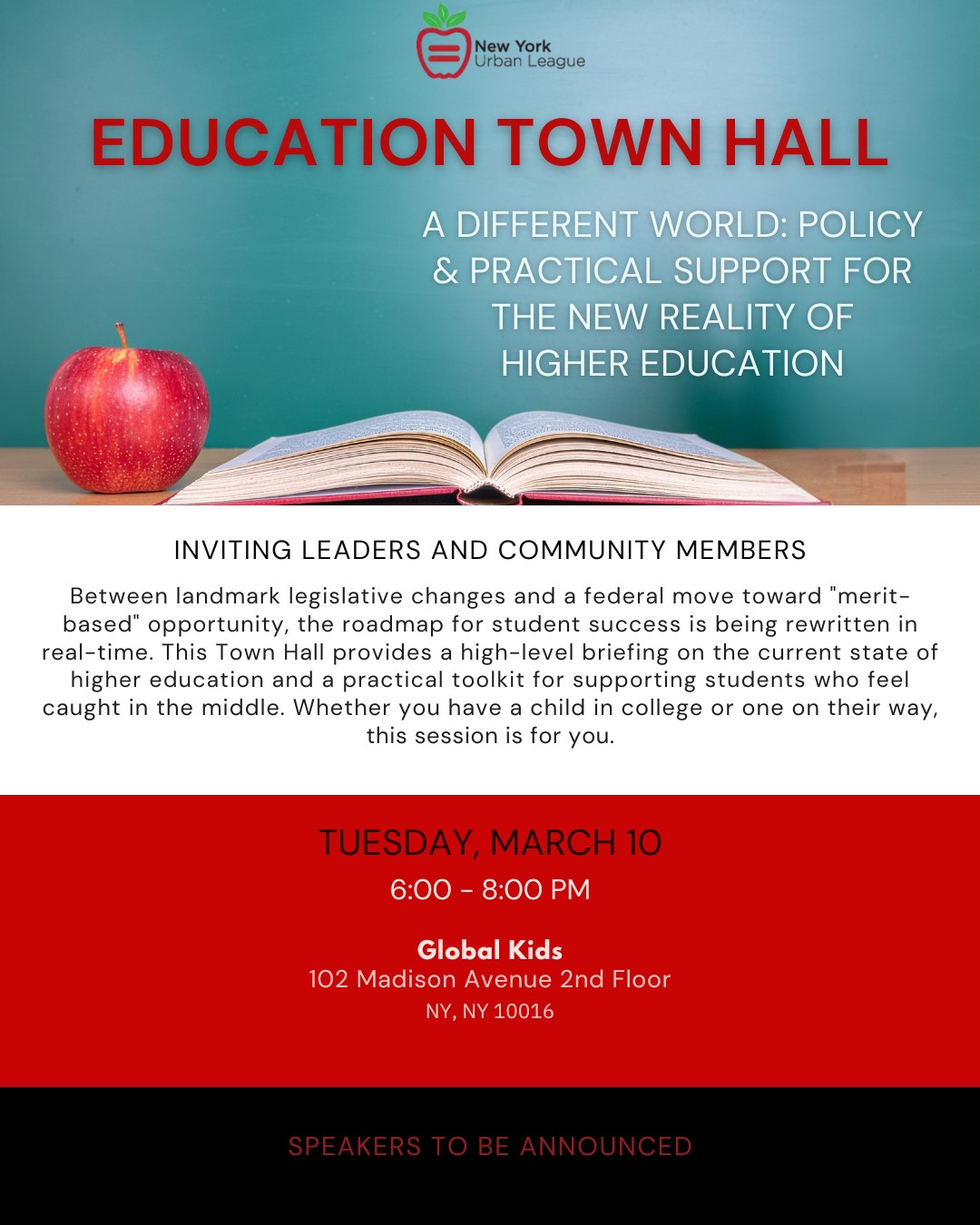 A Different World: Policy & Practical Support for Higher Education
Come join on March 10, for an exciting Town Hall, providing a clear rundown on today’s higher education landscape and practical tools to support students navigating it. Perfect for parents and caregivers!
When: Tue, Mar 10 | 6–8 PM EDT
Where: Global Kids, 2nd Flr., 102 Madison Ave, NYC
RSVP & More information in our profile Linktr.ee