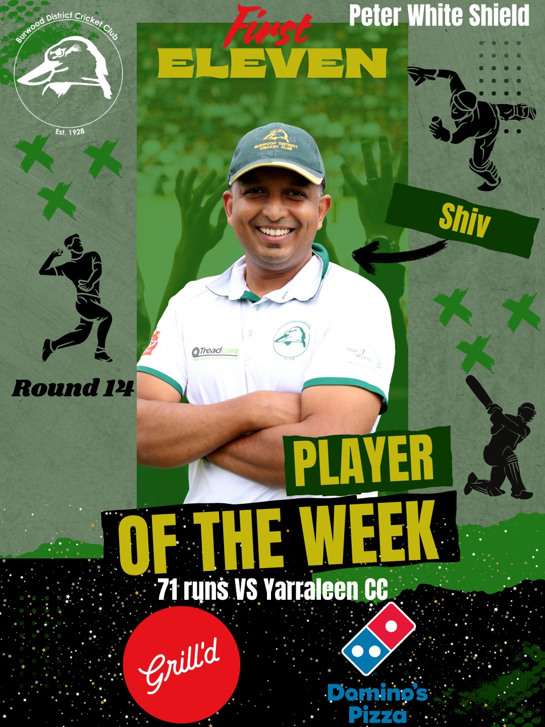 🏏 PLAYER OF THE WEEK | BDCC – WEEK 20 💚💛
A tough round overall, but some outstanding individual performances that kept the fight alive for the Burras.
🟡 1st XI – S Goundan (71)
A composed and fighting knock against Yarraleen CC. In difficult circumstances, Goundan stood tall and anchored the innings with a well-crafted 71.
🟢 2nd XI – A Dalvi (3/65 & 53) & H Vaughan (2/51 & 48)
A proper all-round response from both Dalvi and Vaughan against Blackburn South CC. Dalvi’s impact with both bat and ball kept BDCC in the contest, while Vaughan backed it up with key wickets and a crucial 48. Two genuine competitors who refused to roll over.
🟡 3rd XI – O Pawar (51*)
An unbeaten half-century against Monash Marrow CC, guiding the side with maturity and control. A match-defining contribution in a strong team performance.
Proud of the fight. We regroup, reset and come back stronger 💚💛
