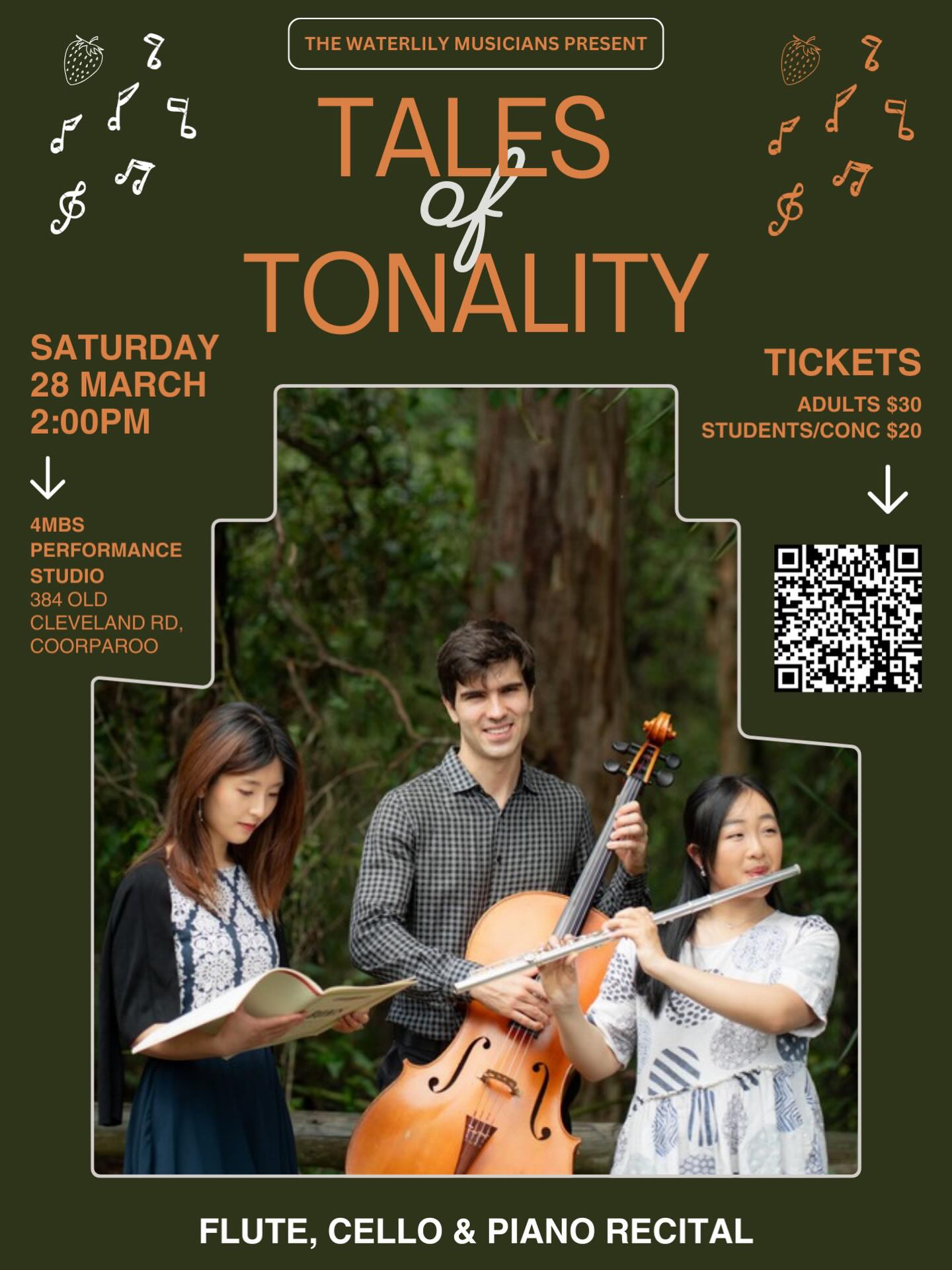 Tales of Tonality: a flute, cello & piano recital by the Waterlily Musicians
📆Saturday 28th of March, 2pm
📍4MBS Performance Studio, 384 Old Cleveland Rd Coorparoo QLD 4151
🎟️link in bio or trybooking.com/DJPHU
The Waterlily Musicians is a rotating roster of Brisbane-based classical musicians aiming to welcome new listeners to classical music by hosting approachable and friendly concert experiences.
Join flautist Lilly Yang (Hochschule für Musik und Tanz Köln), cellist Michael Gibson (Queensland Conservatorium alumnus) and pianist Mia Huang (Queensland Conservatorium alumna) for an afternoon of wonderful chamber music written for flute, cello and piano at the 4MBS Performance Studio. 🎶🎹🎻🪈✨
Program:
Sally Greenaway - The Strawberry Thief for flute, cello and piano
Philippe Gaubert - Trois Aquarelles for flute, cello and piano
Claude Debussy - Cello Sonata
Nikolai Kapustin - Trio for flute, cello and piano
#brisbanemusic #brisbanemusicians #brisbaneperformers #brisbanearts #brisbanelivemusic
