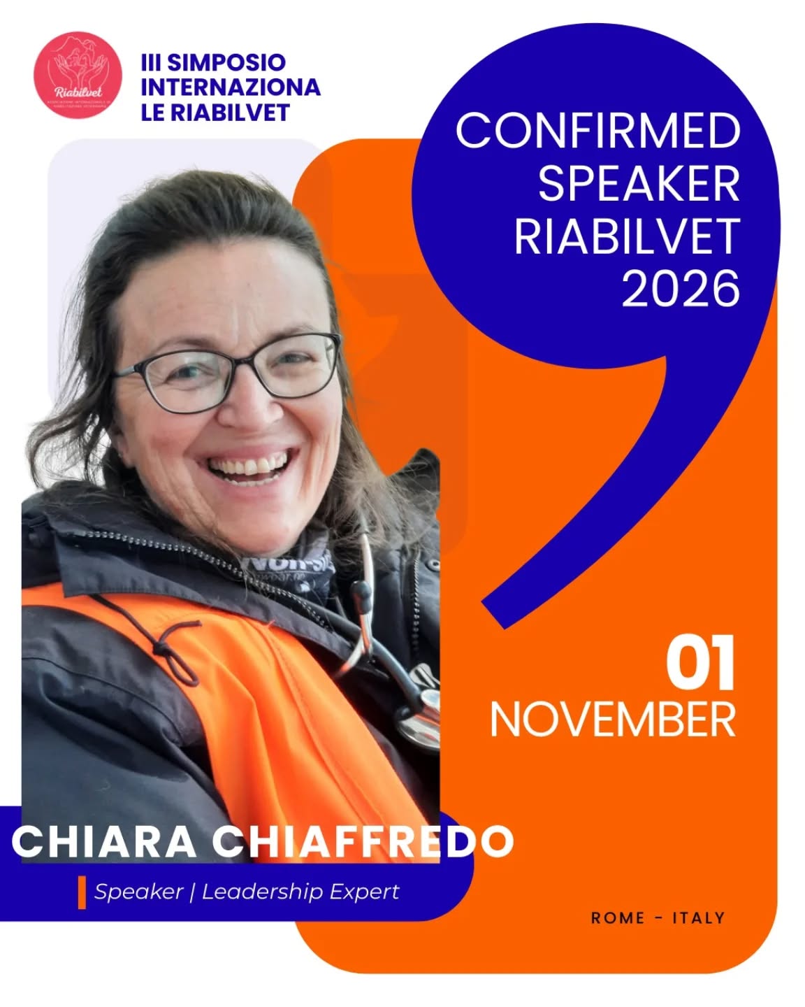 🚨 ISCRIZIONI EARLY BIRD APERTE
Posti limitati
Il III Simposio Internazionale di Riabilitazione Veterinaria – RIABILVET 2026 riunirà esperti internazionali nei campi della riabilitazione veterinaria, della neurologia e della gestione del dolore.
Tra i relatori internazionali siamo orgogliosi di presentare Chiara Chiaffredo, esperta riconosciuta in riabilitazione motoria e neuroriabilitazione.
👩⚕️ Profilo della relatrice
• DVM – Università degli Studi di Torino
• Certified Canine Rehabilitation Practitioner (CCRP) – University of Tennessee
• Certificazione in Medicina Sportiva del Cane – Canine Rehabilitation Institute
• GPCert in Western Acupuncture & Chronic Pain Management
• Presidente della Società Italiana di Riabilitazione e Medicina Sportiva Veterinaria
• Fondatrice del Centro Veterinario Fisioterapico (CVF)
• Relatrice in corsi e congressi scientifici in Italia e all’estero
La sua attività è dedicata alla fisiatria, riabilitazione e medicina sportiva veterinaria, con particolare interesse per il recupero neurologico e la gestione del dolore.
Durante il simposio parlerà di:
🧠 Riabilitazione motoria e neuroriabilitazione nel paziente veterinario
⚠️ EARLY BIRD DISPONIBILE
Un numero limitato di iscrizioni è disponibile a tariffa ridotta.
Una volta esauriti i posti, la quota di iscrizione aumenterà.
📍 Roma
📅 30 ottobre – 2 novembre 2026
👉 Prenota ora il tuo posto.