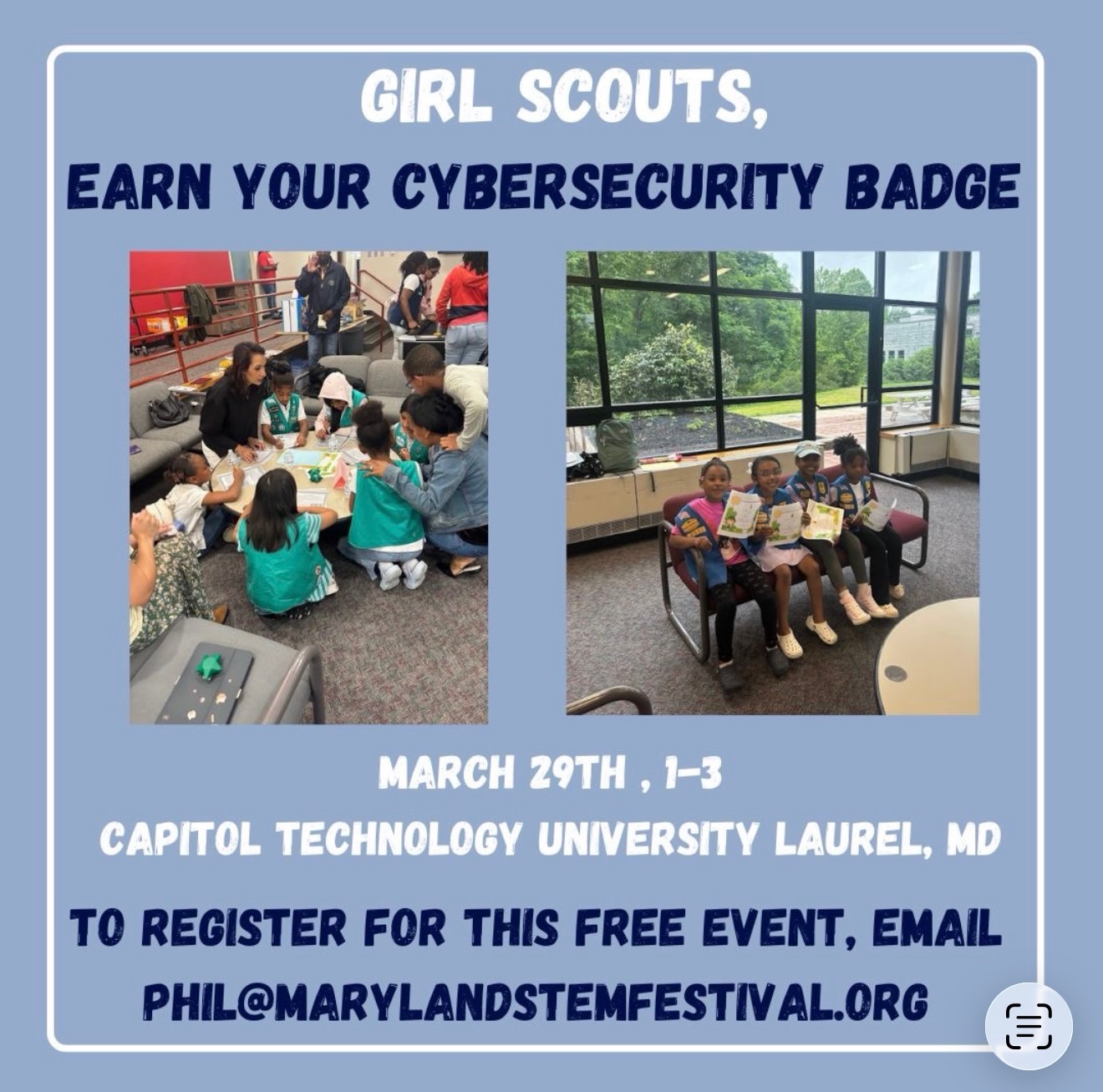 We’re excited to share the return of a powerful STEM opportunity for Girl Scouts!
Following the success of last year’s sold-out event, the Maryland STEM Festival is once again hosting a Girl Scout Cybersecurity Badge Event this time in celebration of Women’s History Month.
Participants will:
• Learn the fundamentals of cybersecurity and digital safety from women in STEM professionals
• Explore how professionals protect information and systems
• Strengthen problem-solving and critical thinking skills
• Earn their Cybersecurity Badge
Women’s History Month is about honoring the women who paved the way — and empowering the girls who will shape the future. This event does both.
📅 Date: March 29, 2026 1PM-3PM
💰 Cost: FREE
📍 Location: Capitol Technology University @capitoltech (11301 Springfield Road, Laurel, MD 20708)
🔗 Register here: Email: mdstemfestival@gmail.com or click link in BIO
Spots filled quickly last year, so register before its too late by emailing mdstemfestival@gmail.com
#SHELOVESSTEM #MarylandSTEMFestival #WomensHistoryMonth #GirlsInSTEM #CybersecurityEducation GirlScouts